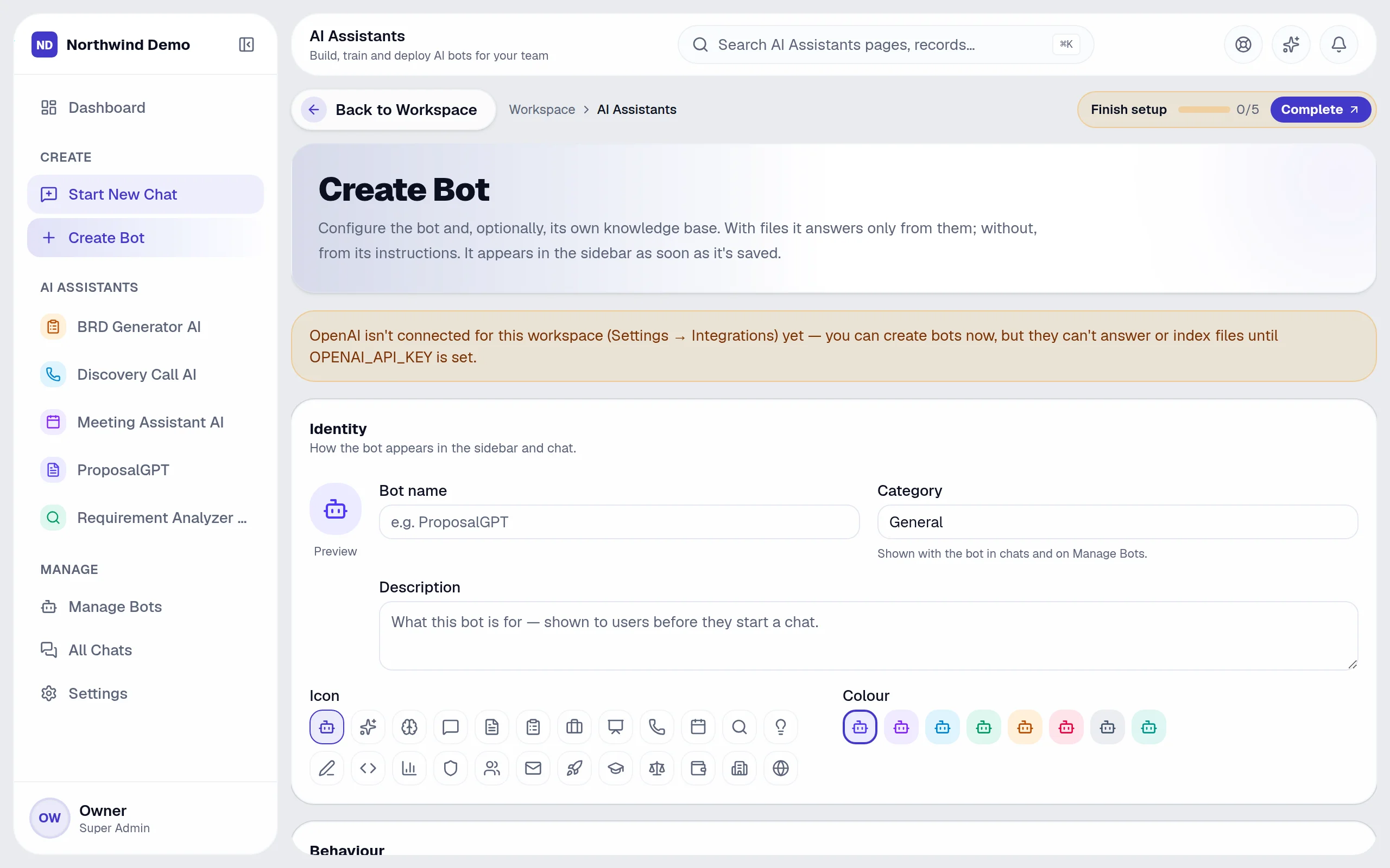 AI Assistants — Create bot: the real screen