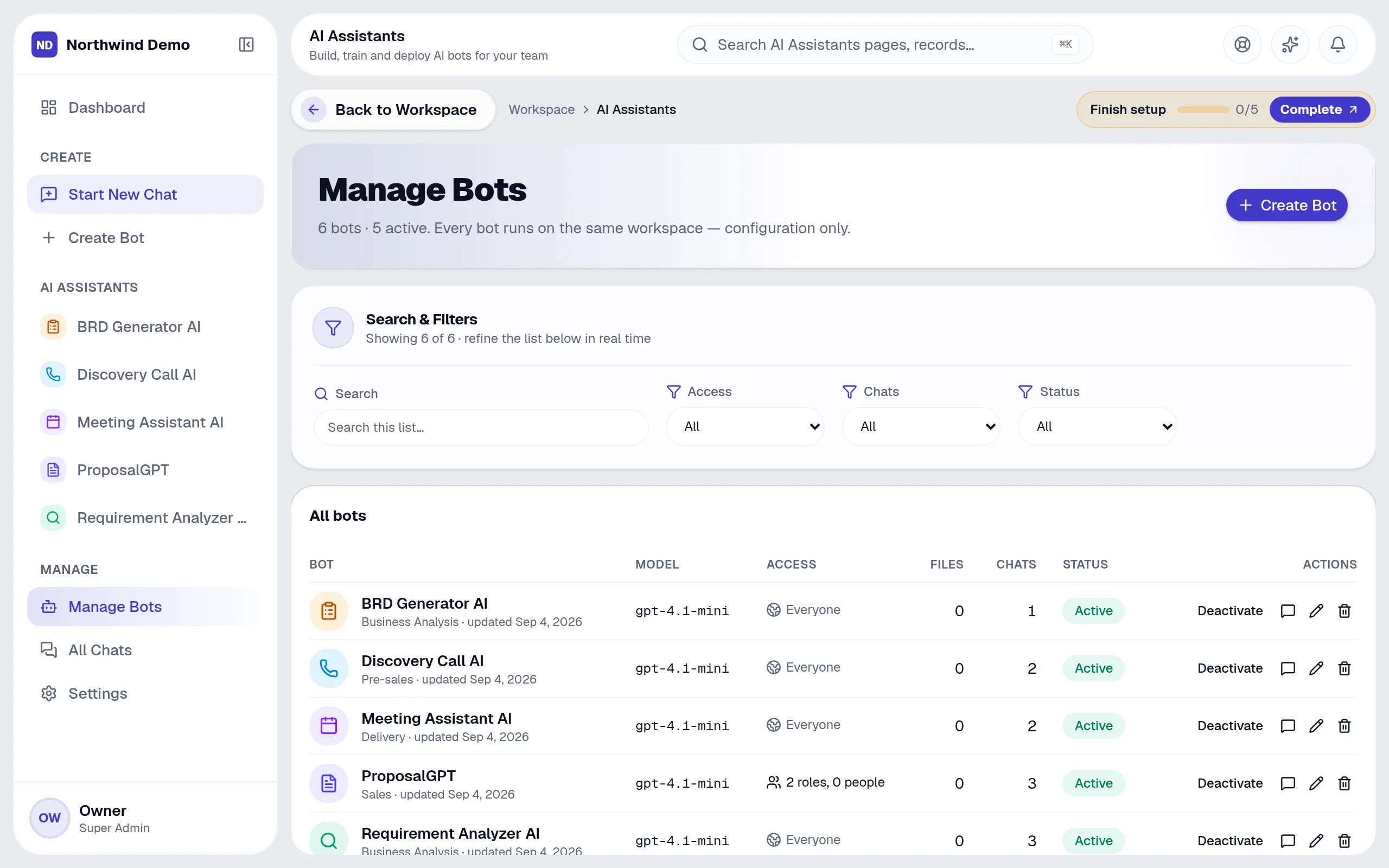 AI Assistants — Manage bots: the real screen