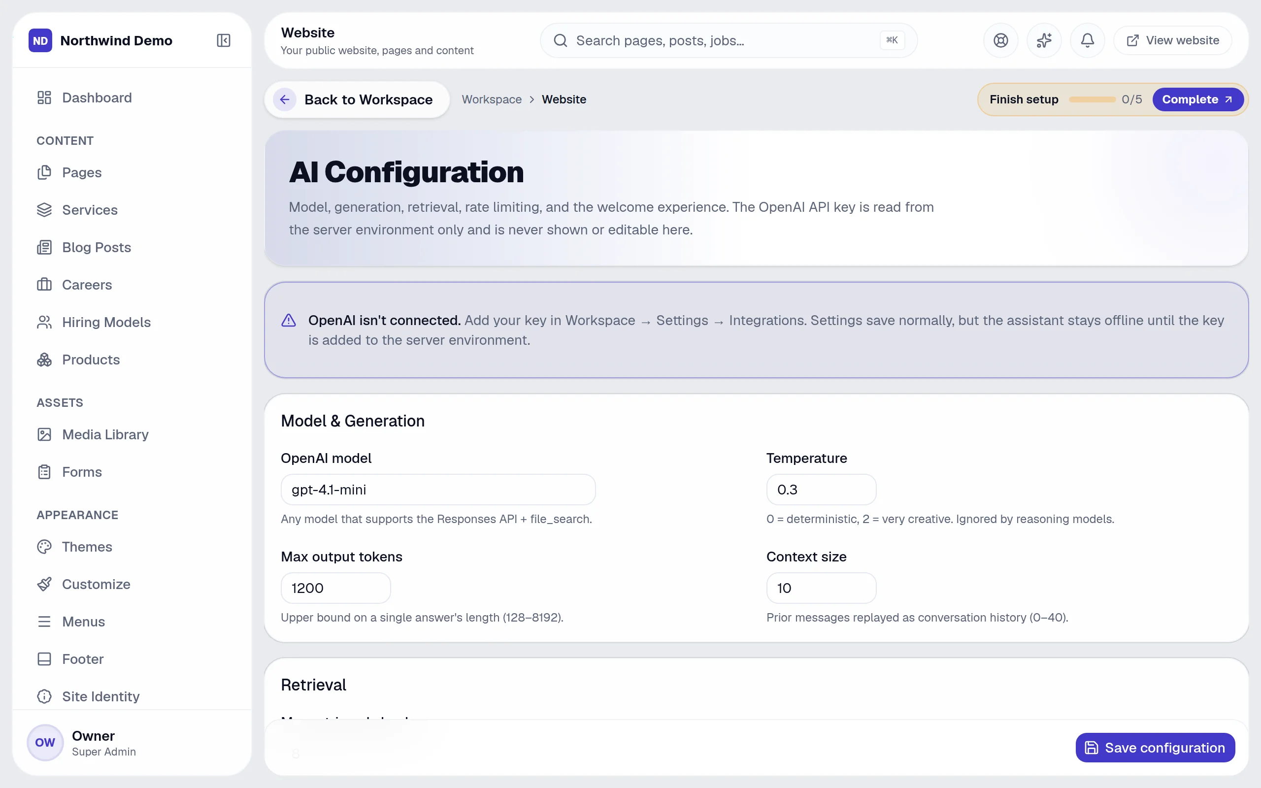 Website — AI config: the real screen