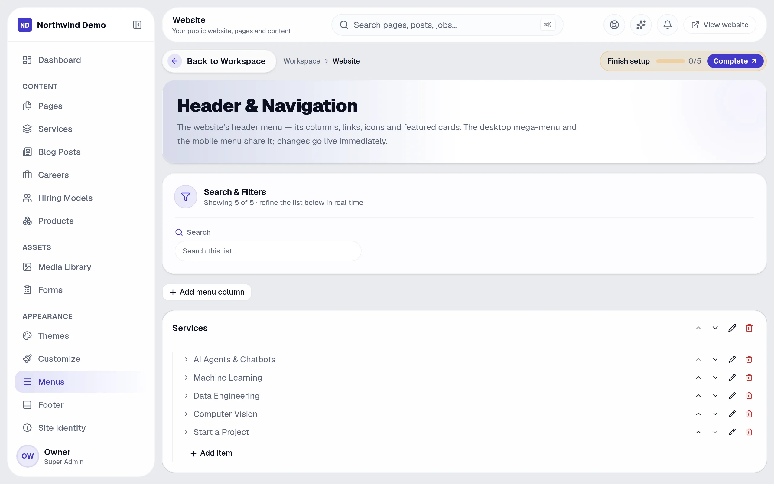 Website — Menus: the real screen