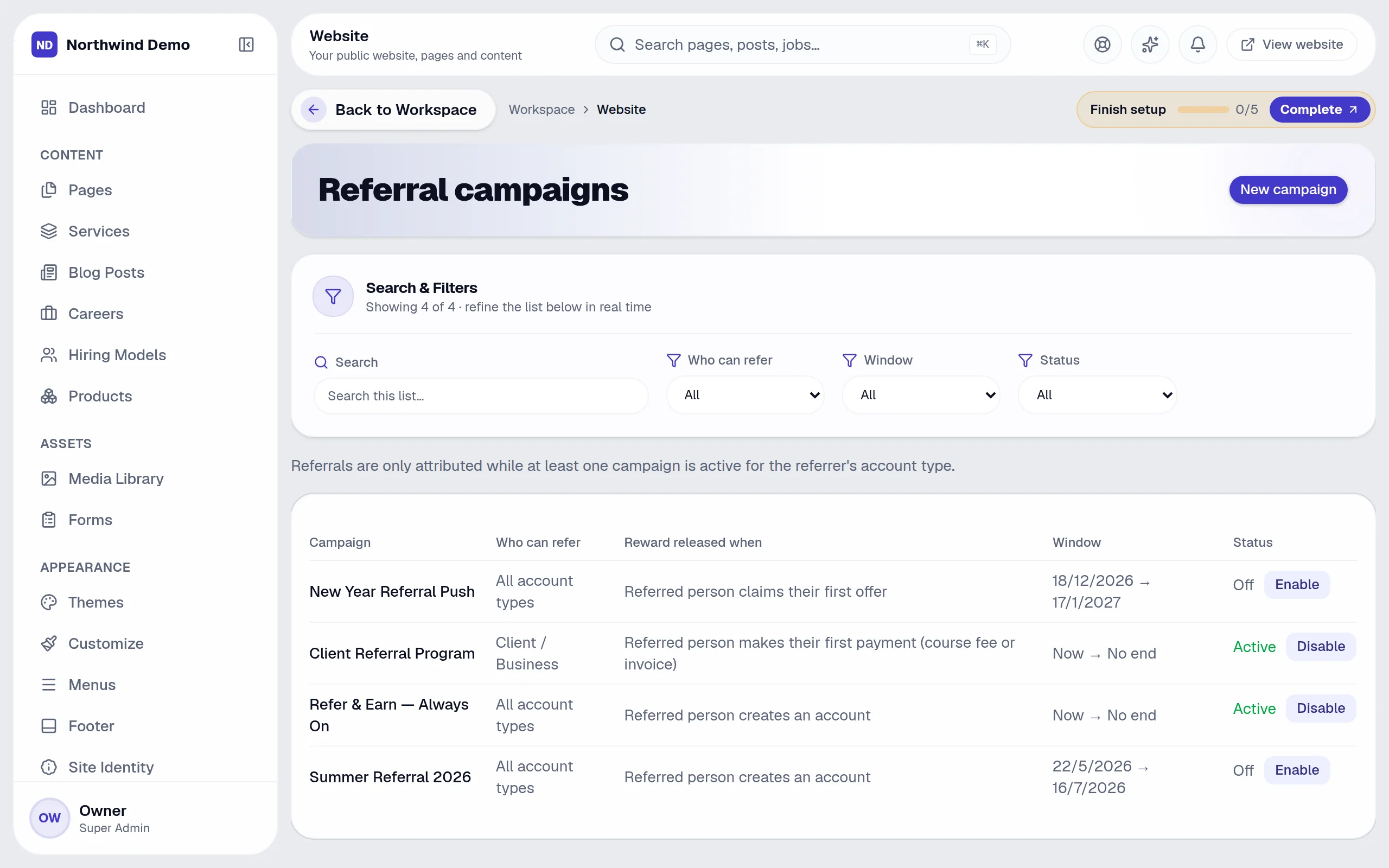 Website — Referral campaigns: the real screen