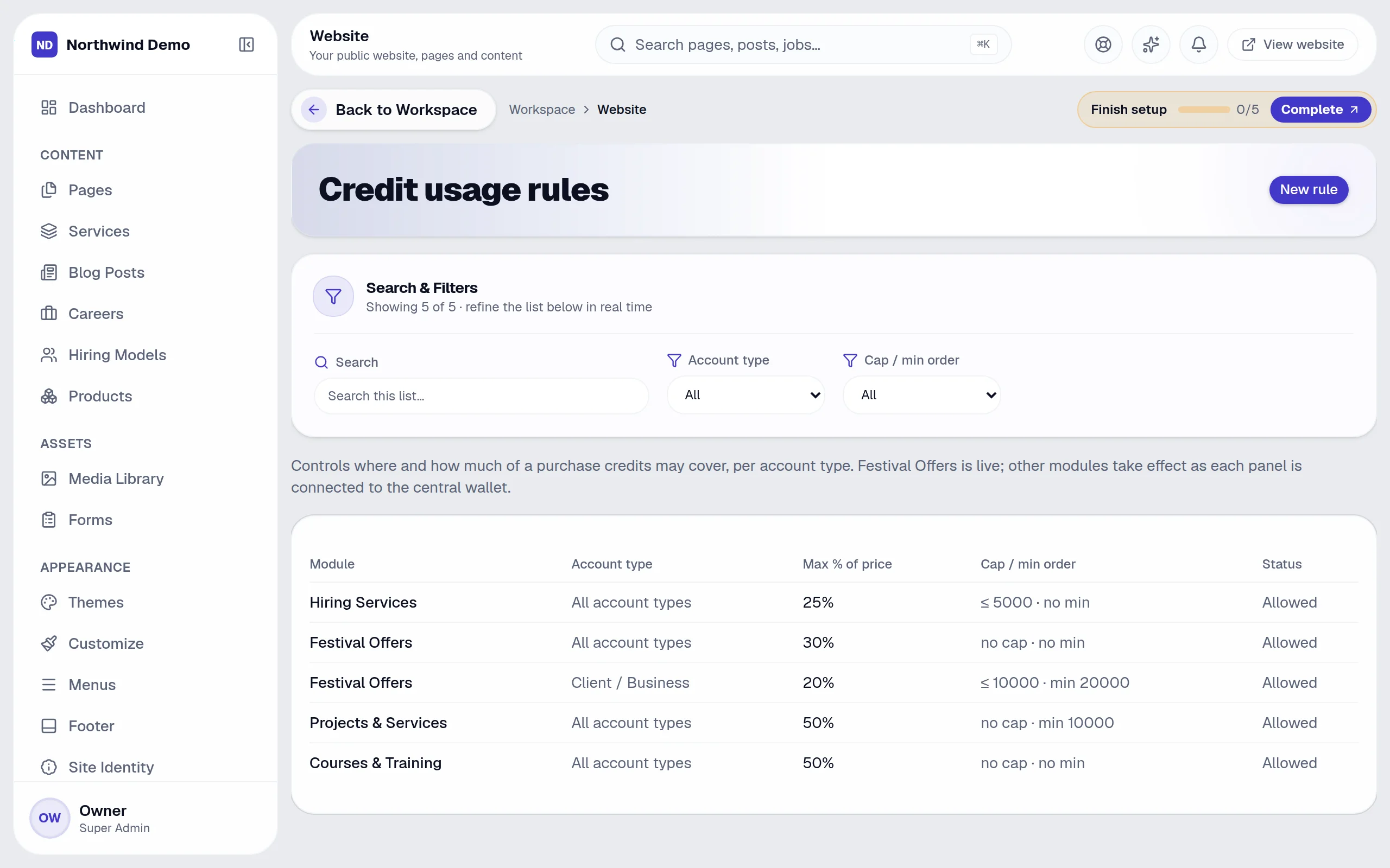 Website — Usage rules: the real screen