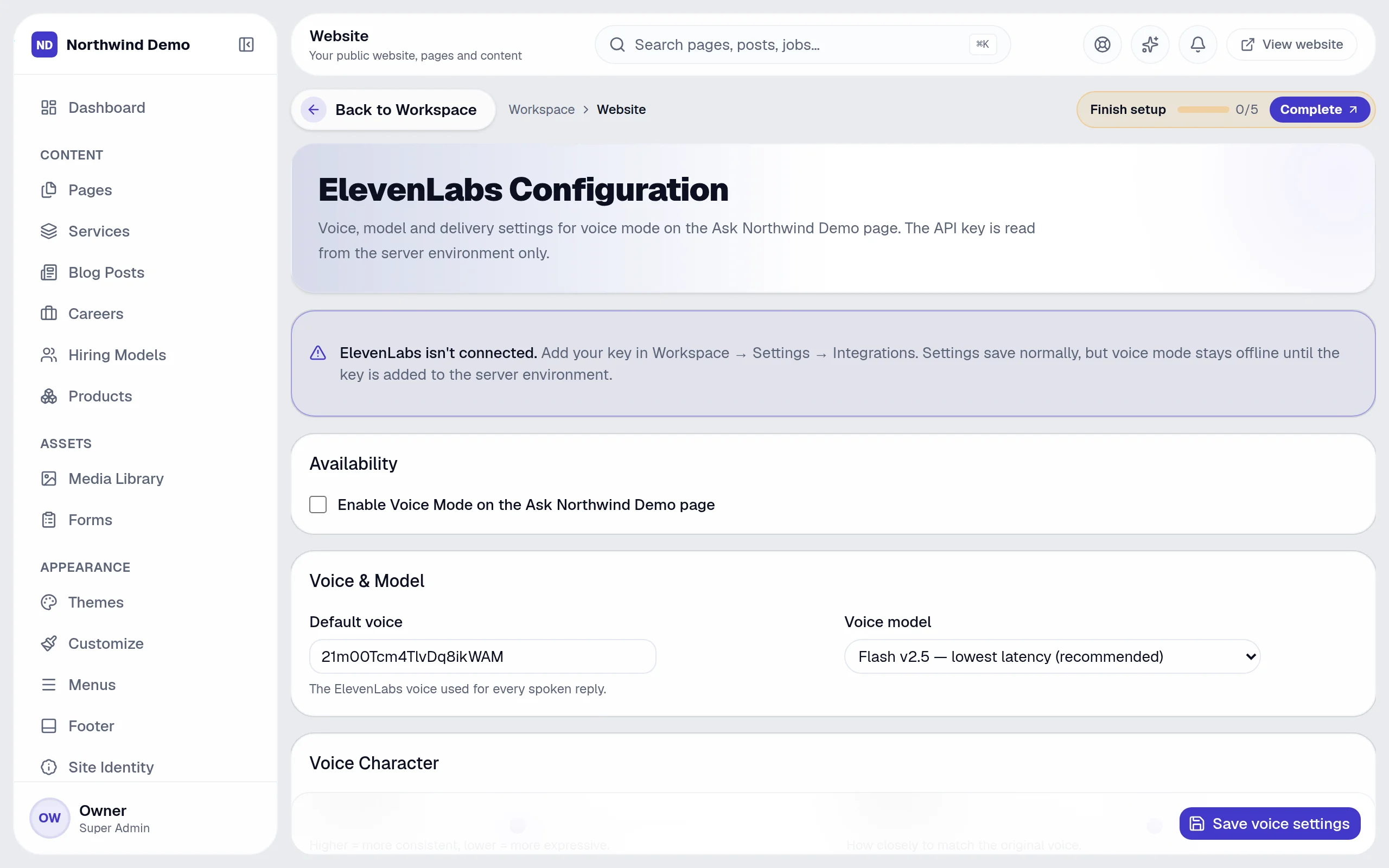 Website — Voice config: the real screen