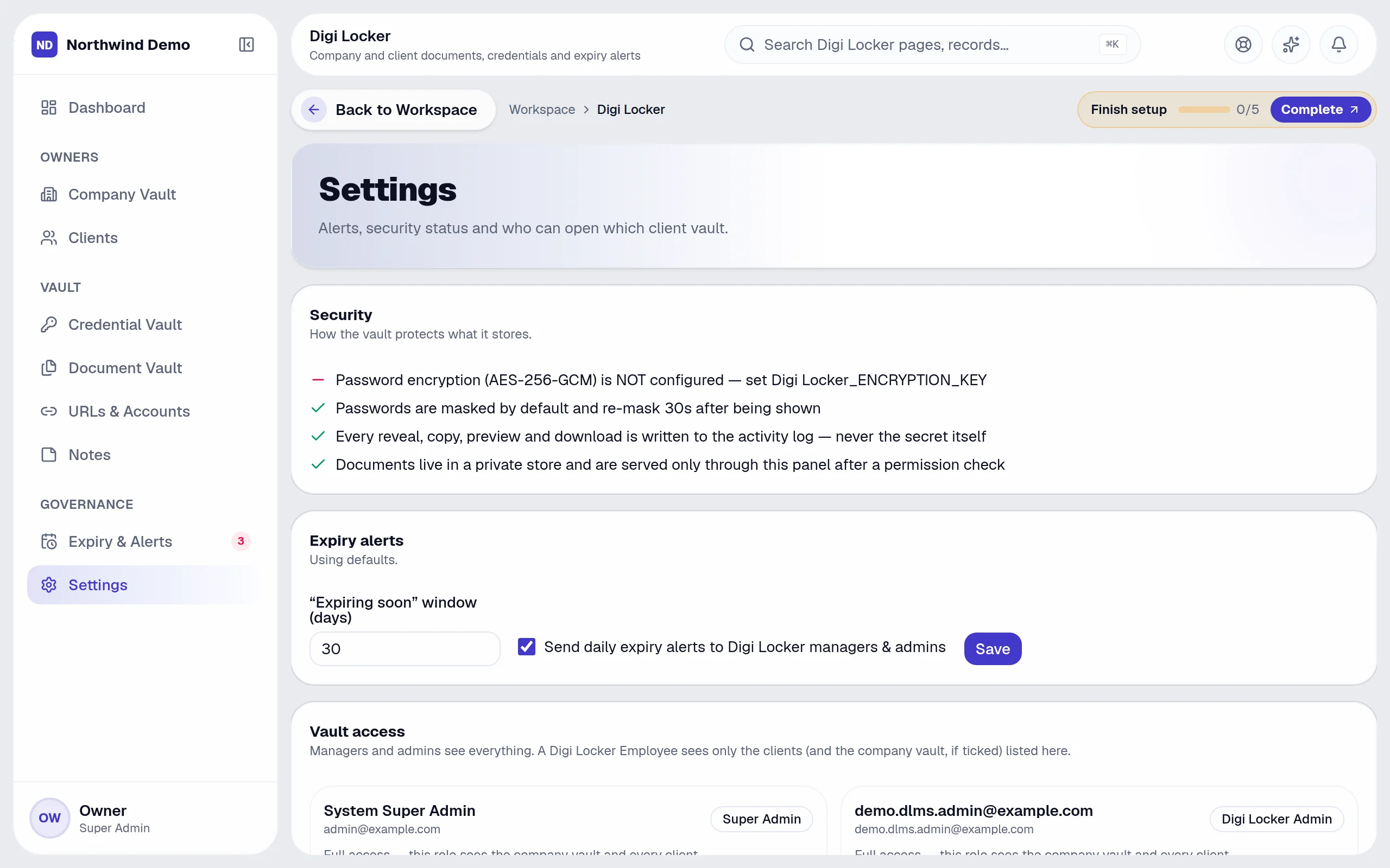 Digi Locker — Settings: the real screen