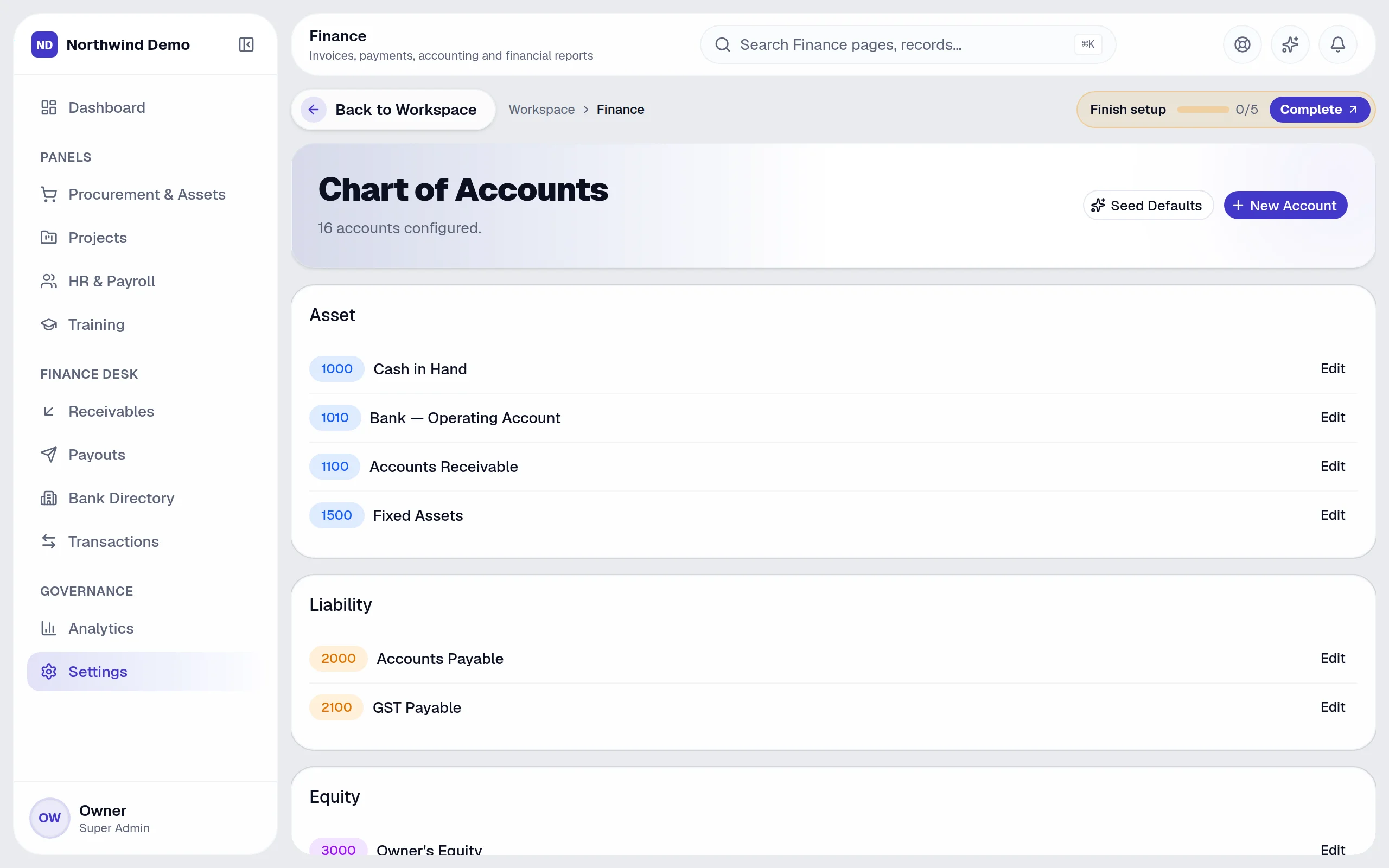 Finance — Chart of accounts: the real screen