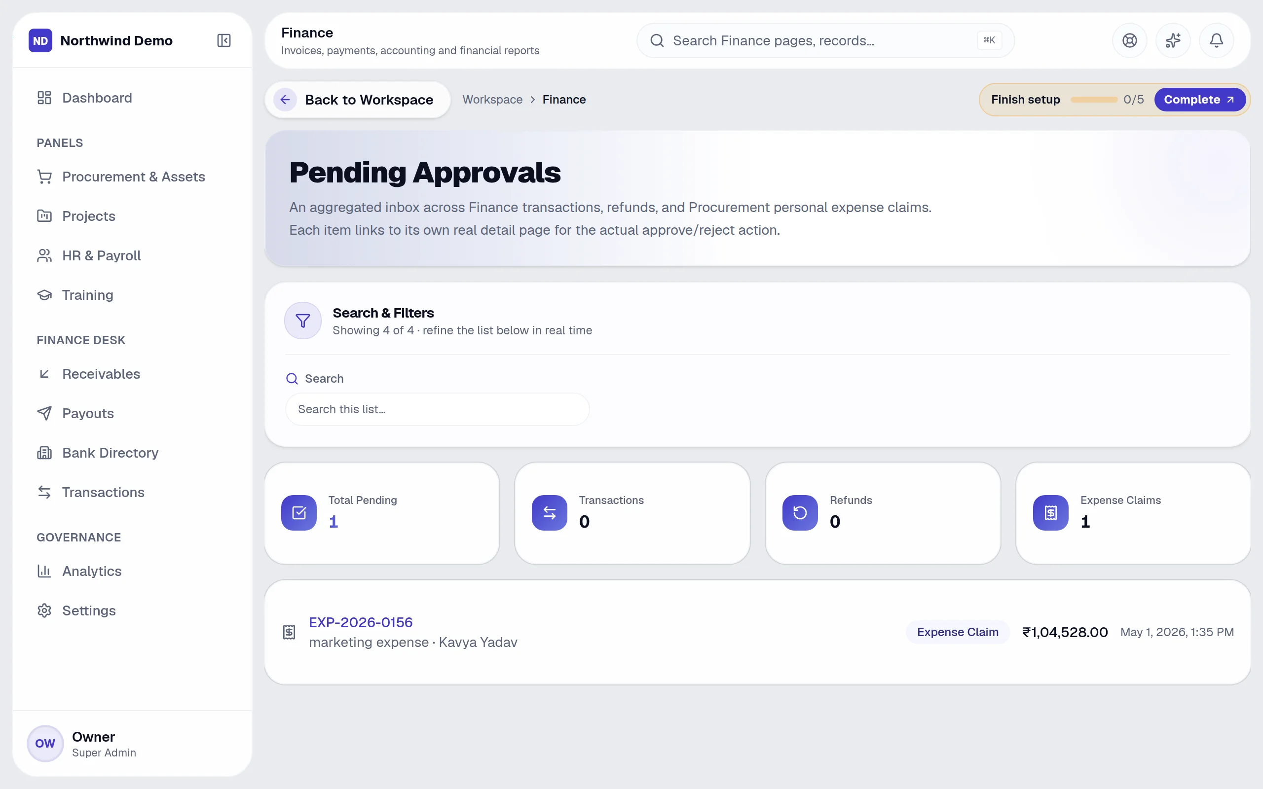 Finance — Approvals: the real screen