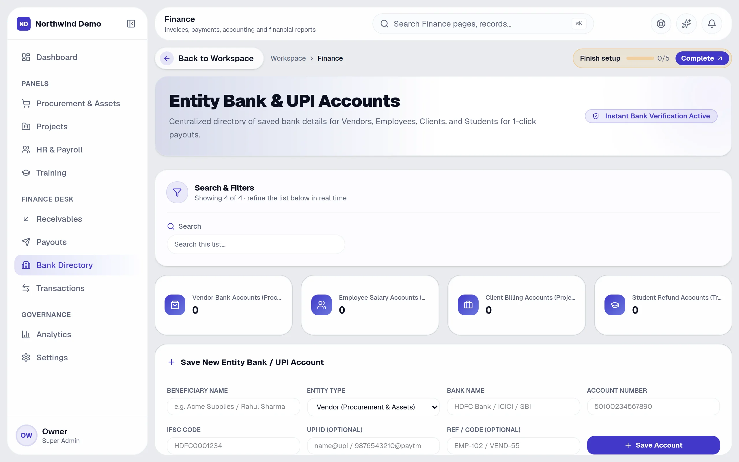 Finance — Vendors & bank directory: the real screen