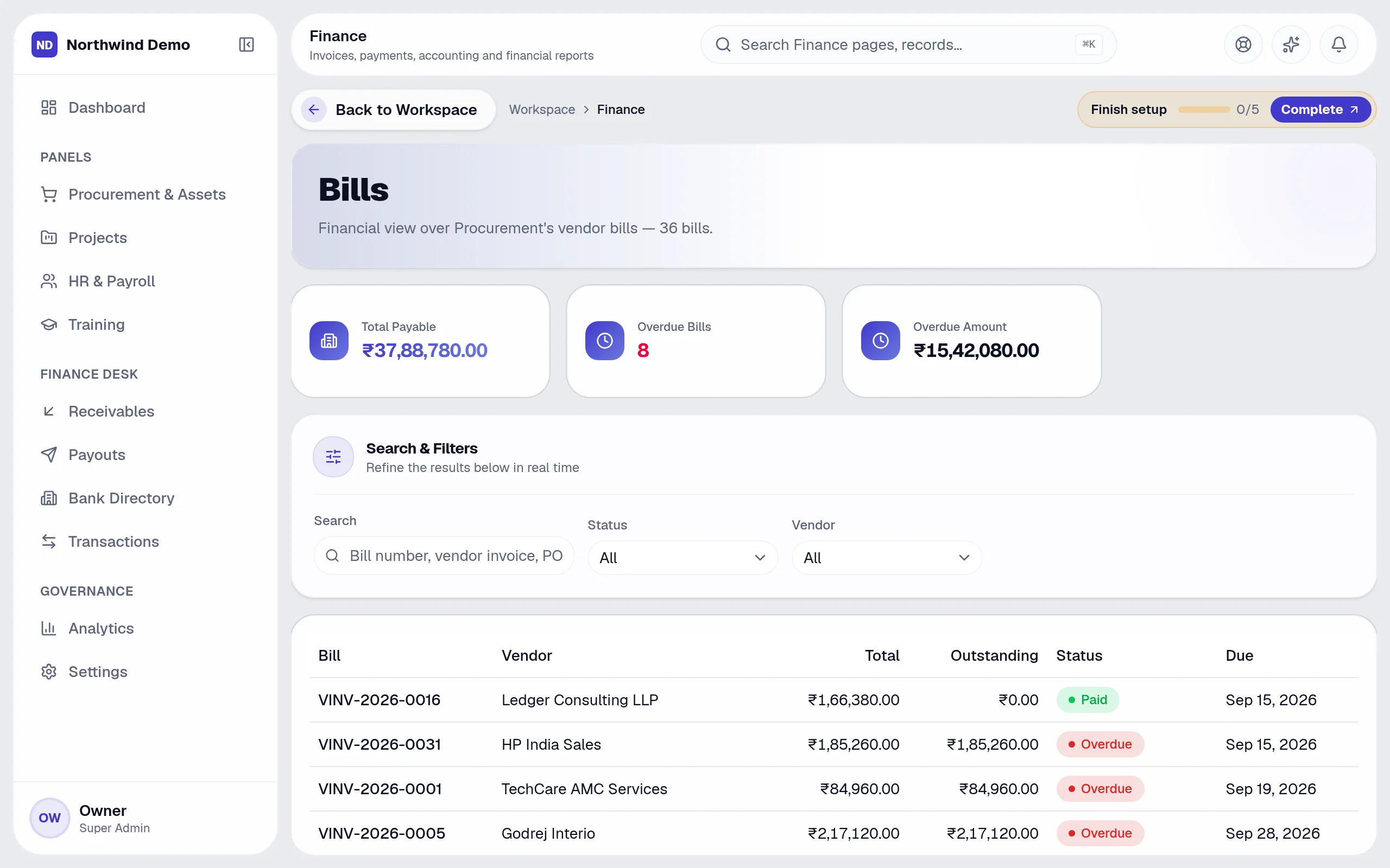 Finance — Bills: the real screen