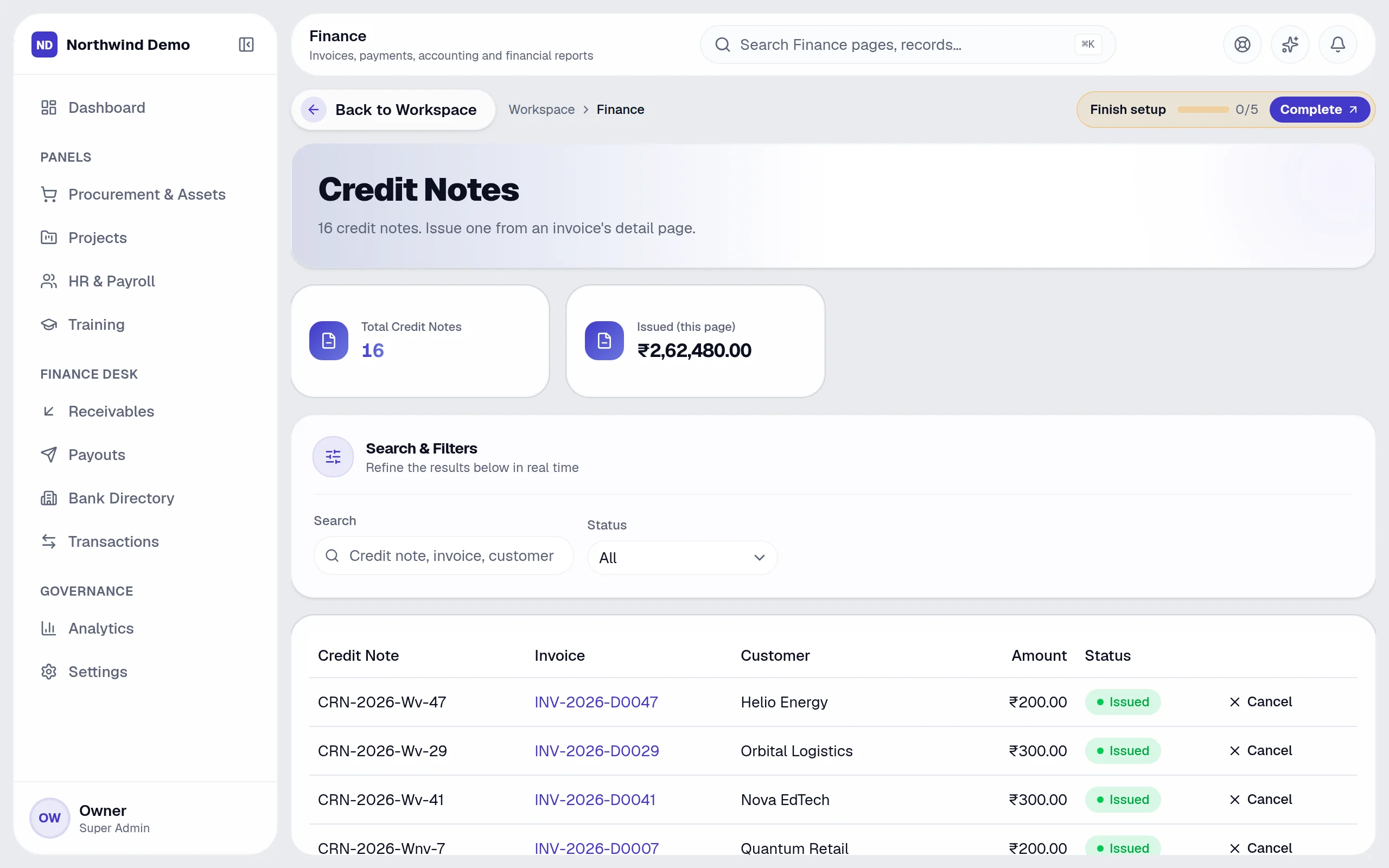 Finance — Credit notes: the real screen