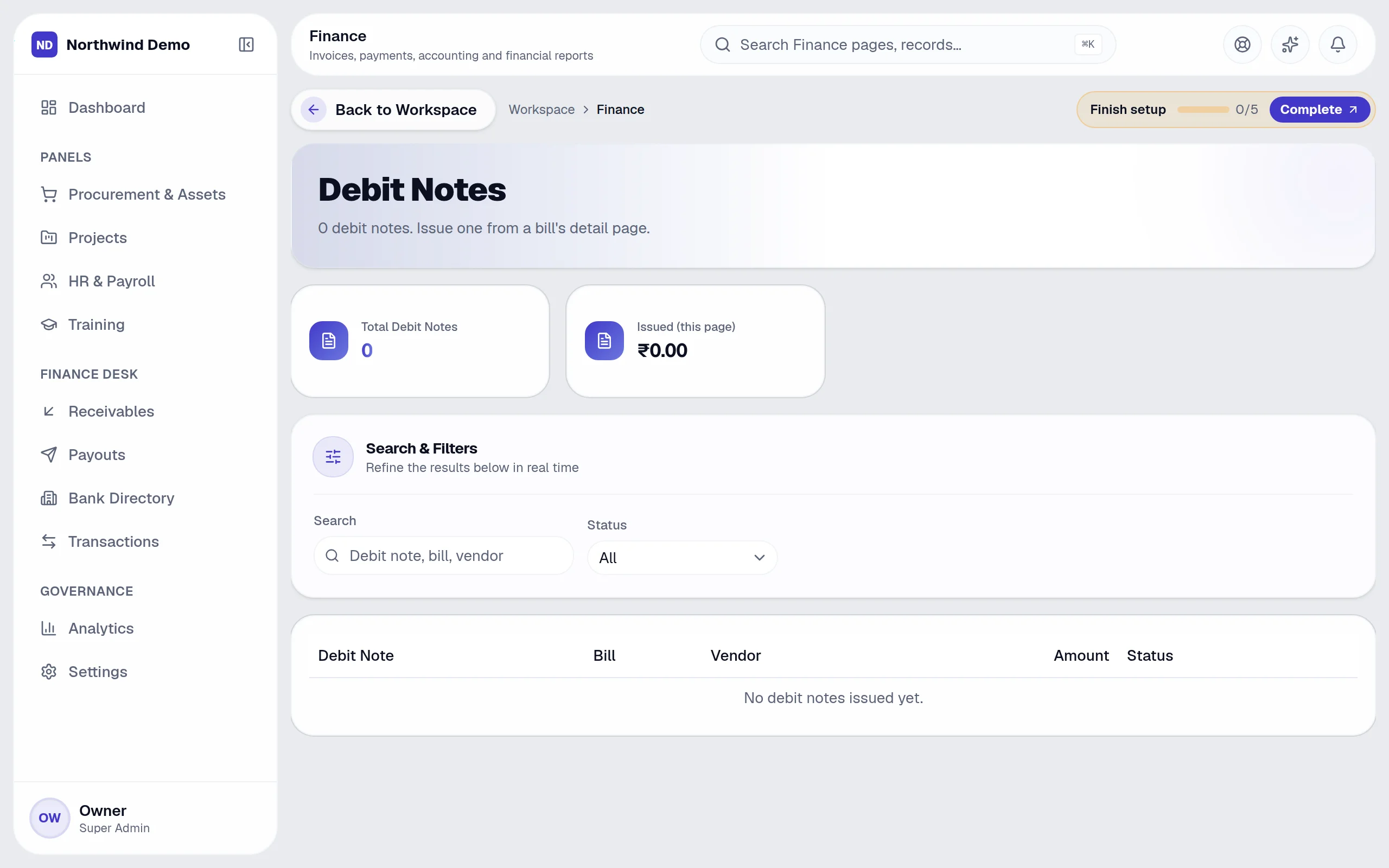 Finance — Debit notes: the real screen