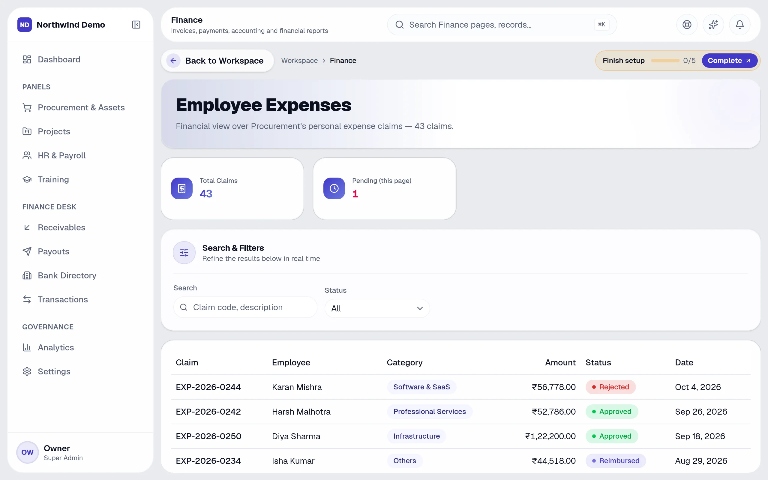 Finance — Advances & employee expenses: the real screen