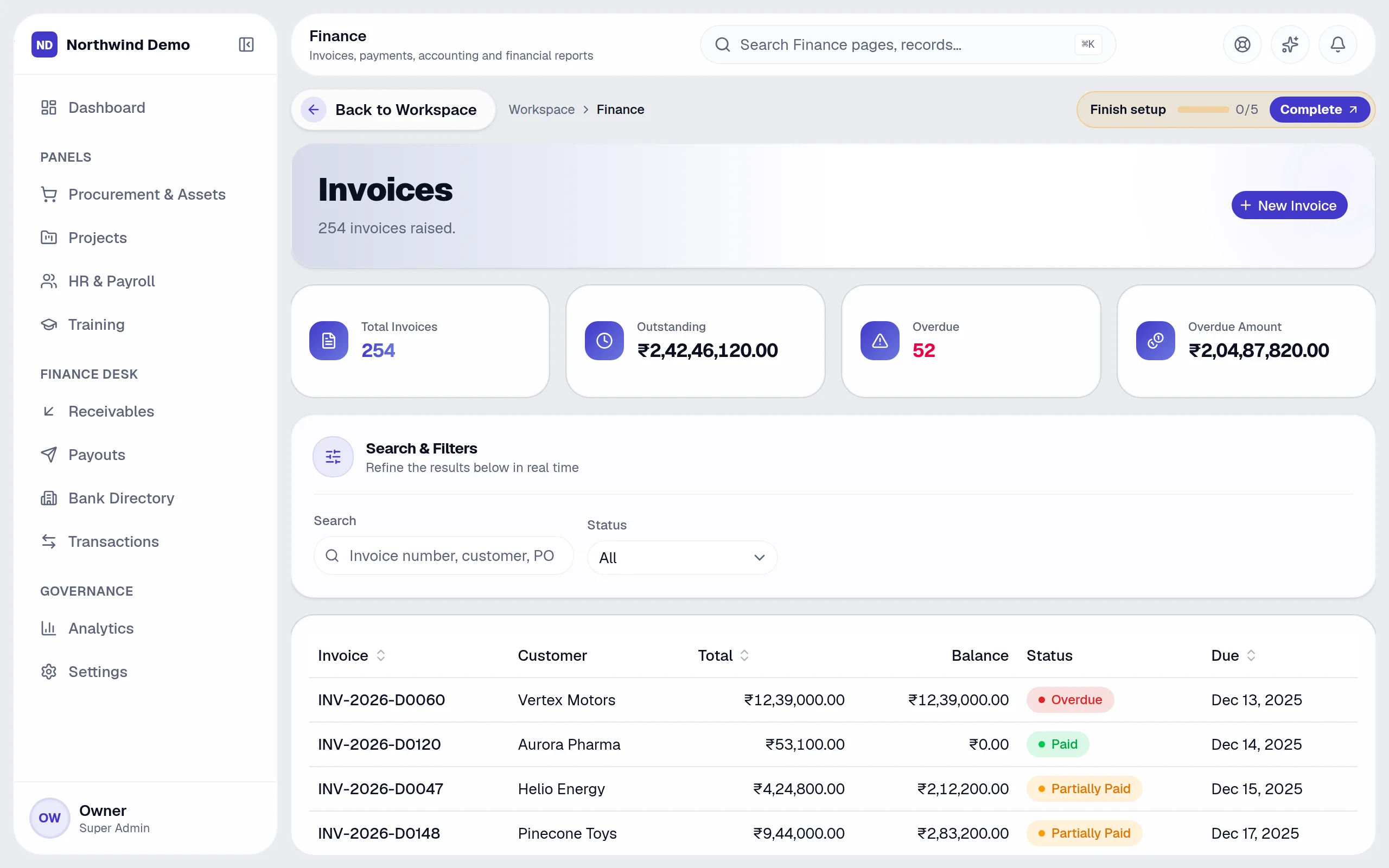 Finance — Invoices: the real screen