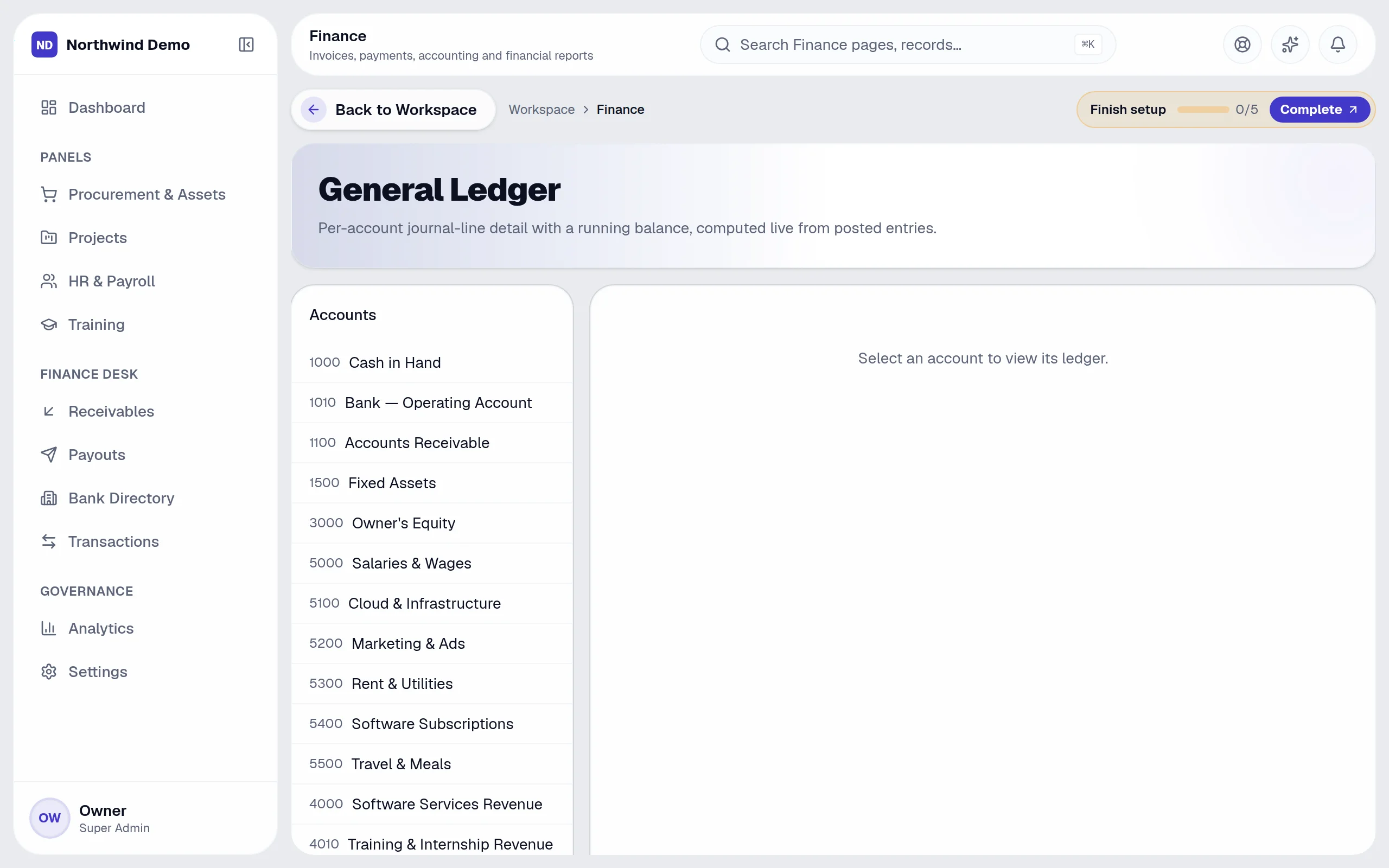 Finance — General ledger: the real screen