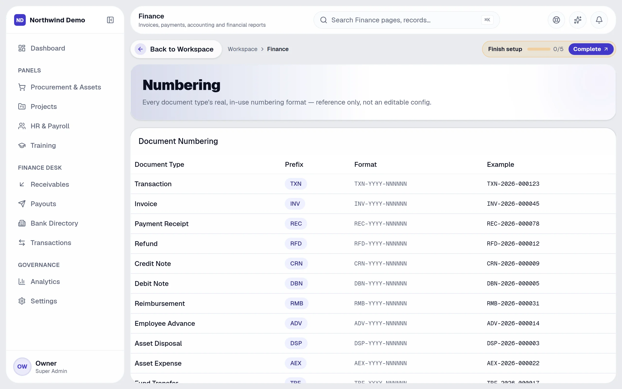 Finance — Numbering: the real screen