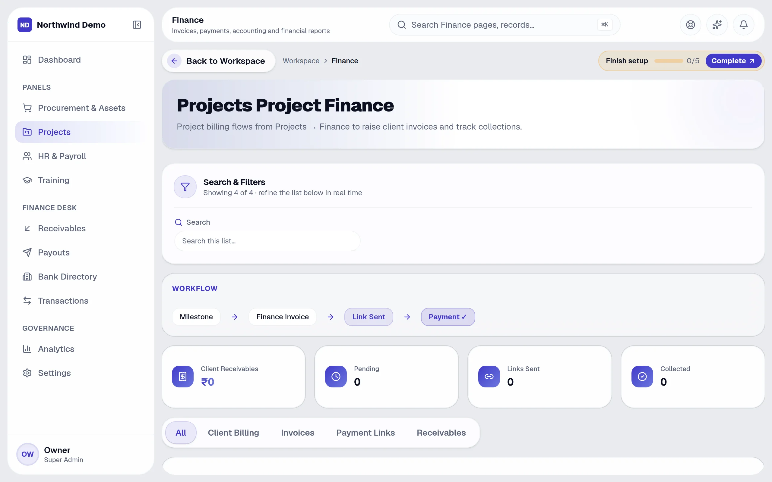 Finance — Projects: the real screen