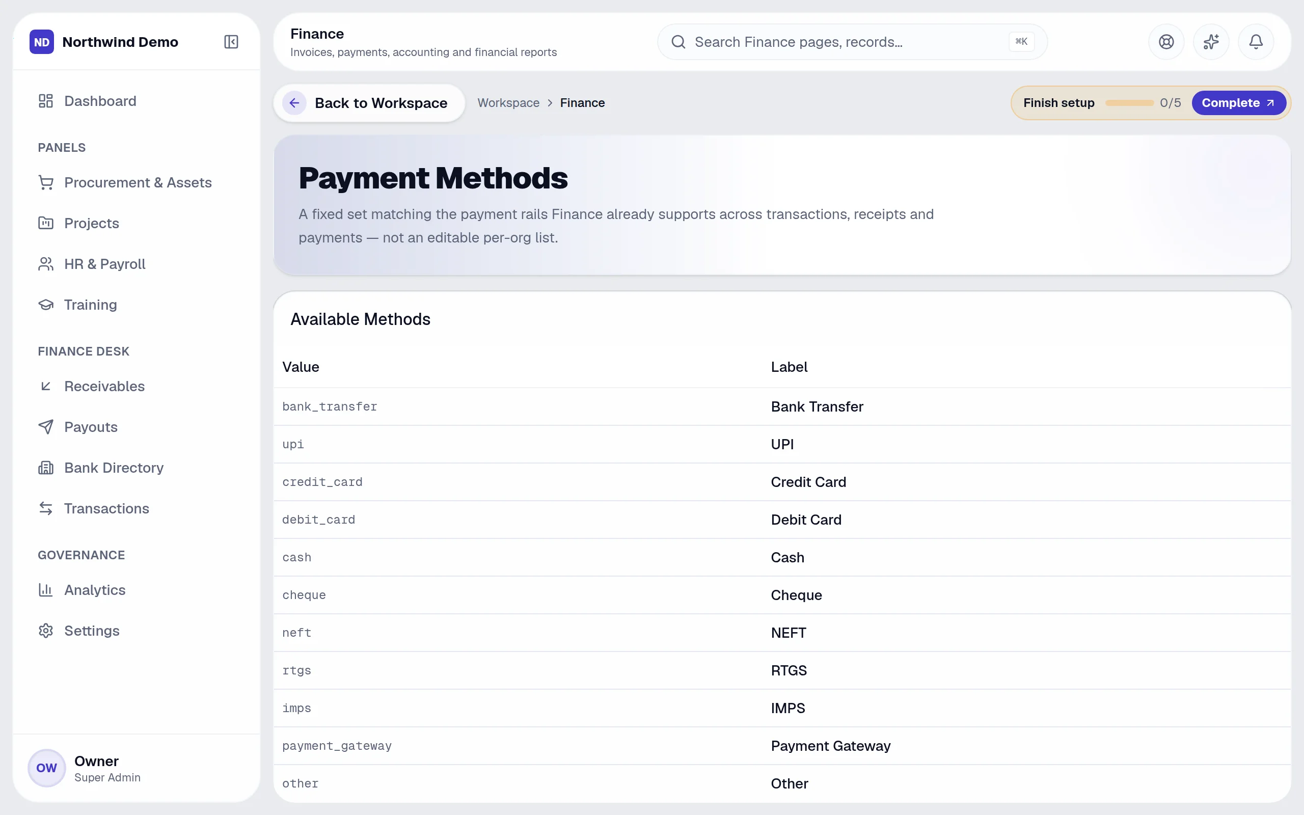 Finance — Payment methods: the real screen