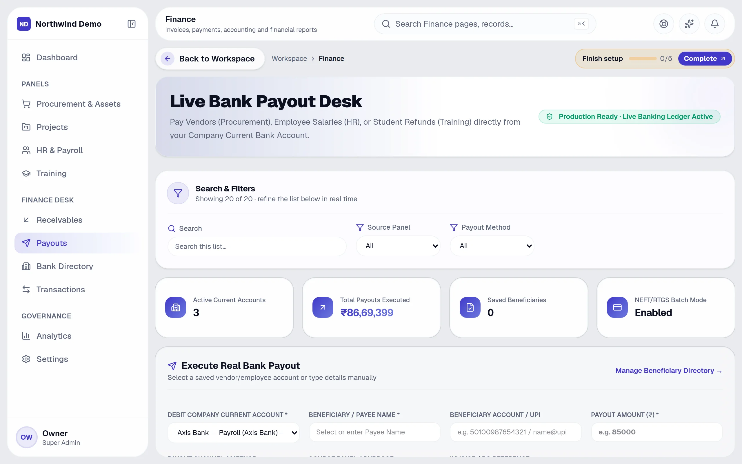 Finance — Payouts: the real screen