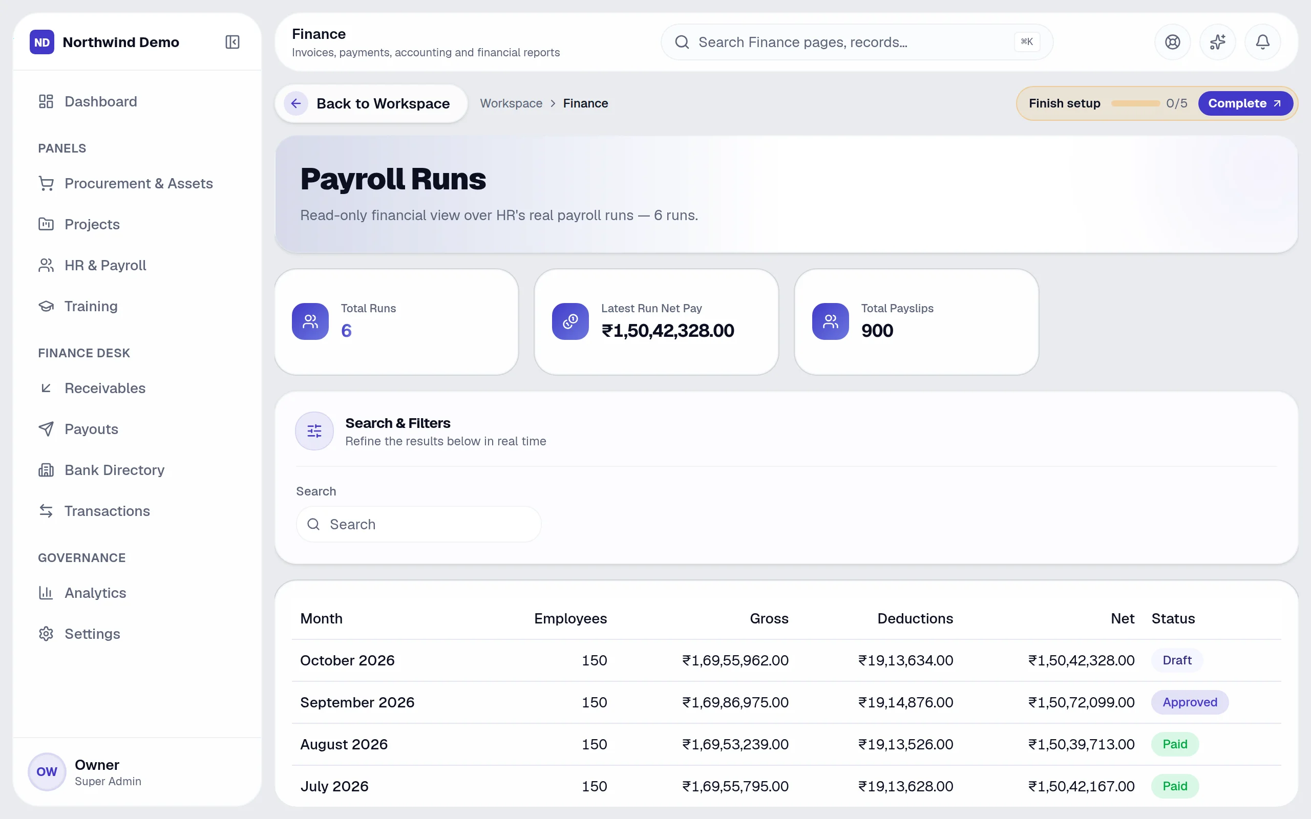Finance — Salary payments & payroll runs: the real screen