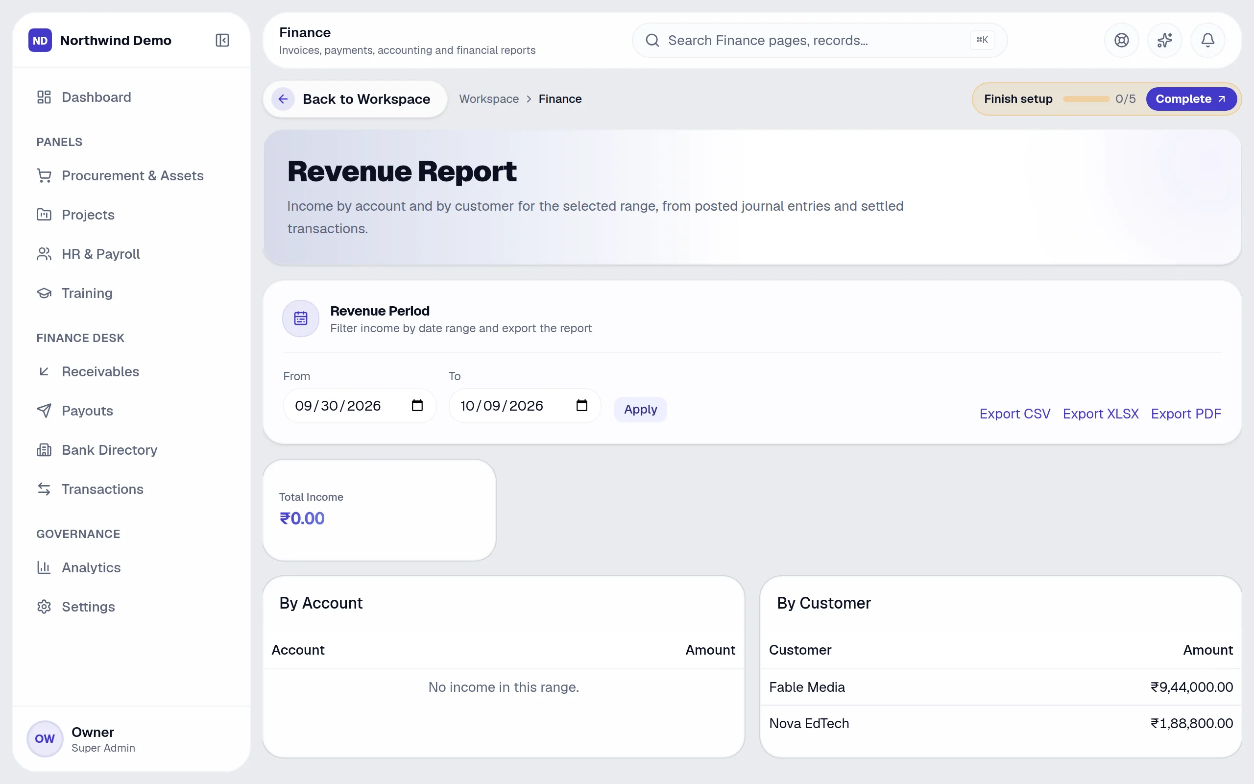 Finance — Revenue & expense reports: the real screen
