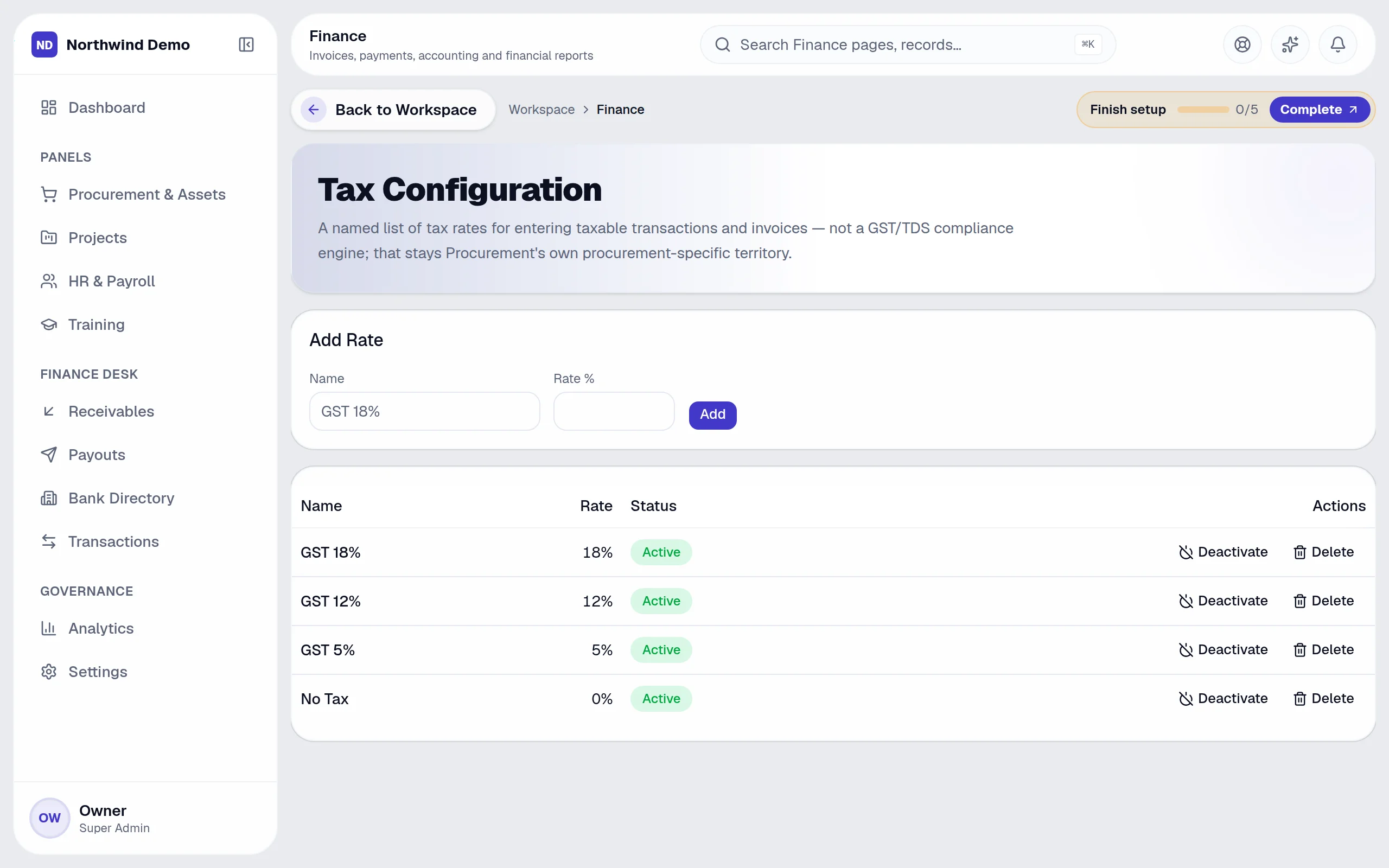 Finance — Tax configuration: the real screen