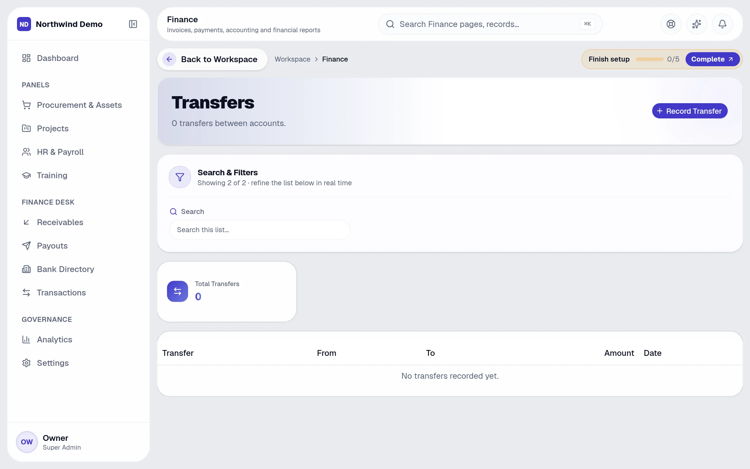 Finance — Transfers: the real screen
