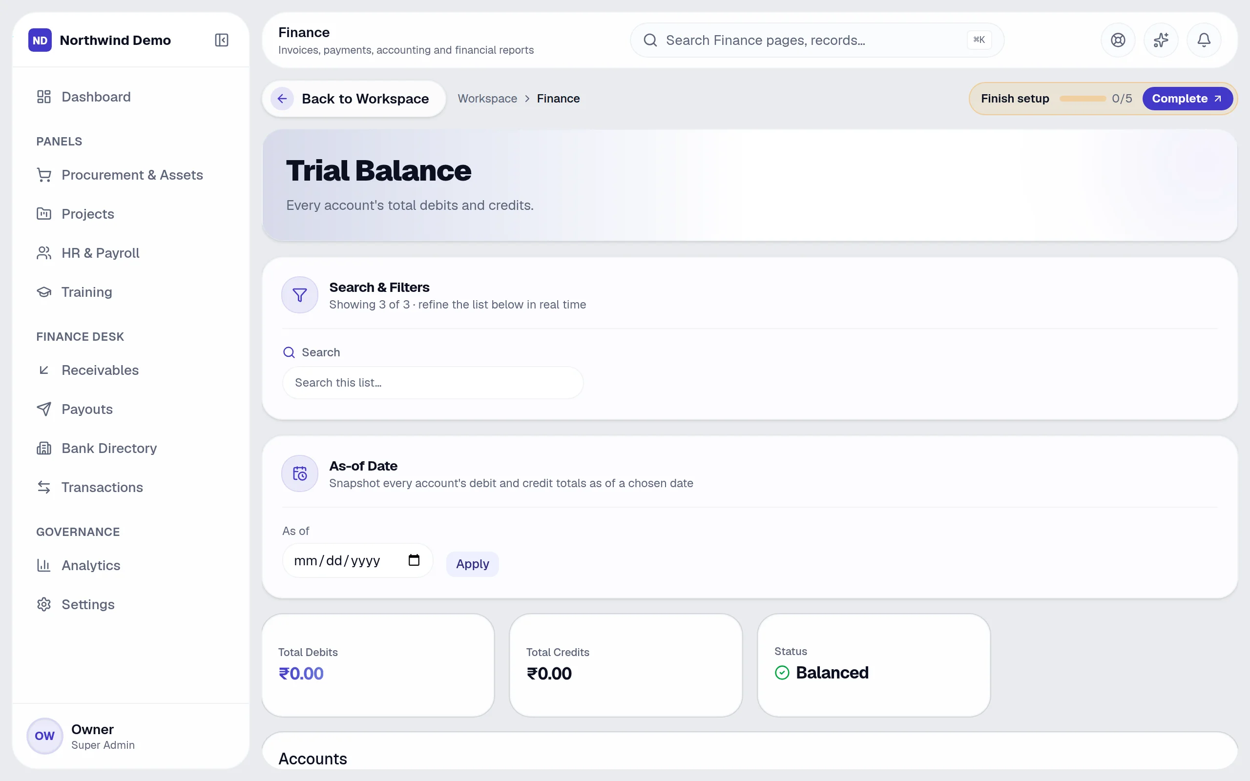 Finance — Trial balance: the real screen