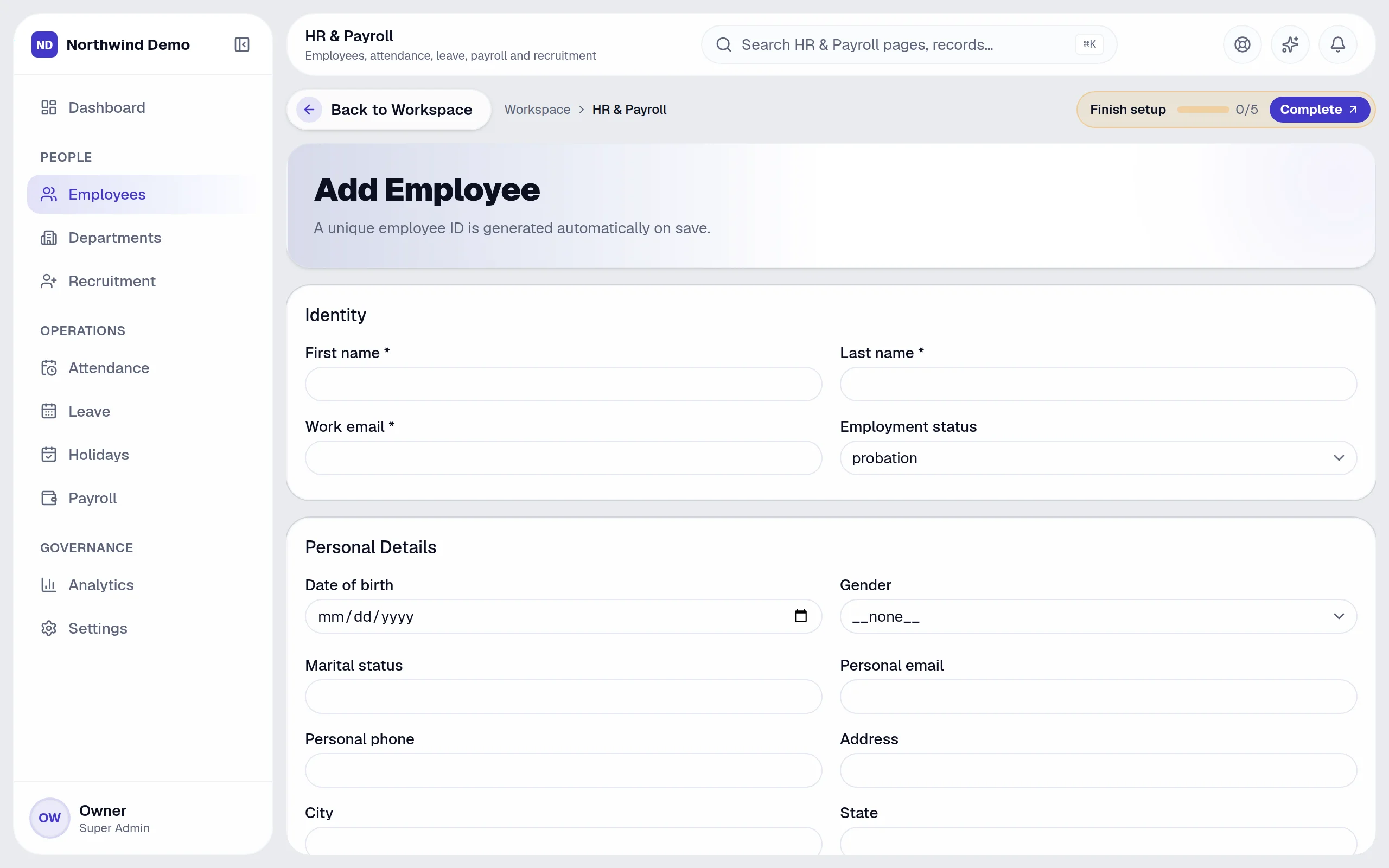 HR & Payroll — Add & edit employee: the real screen