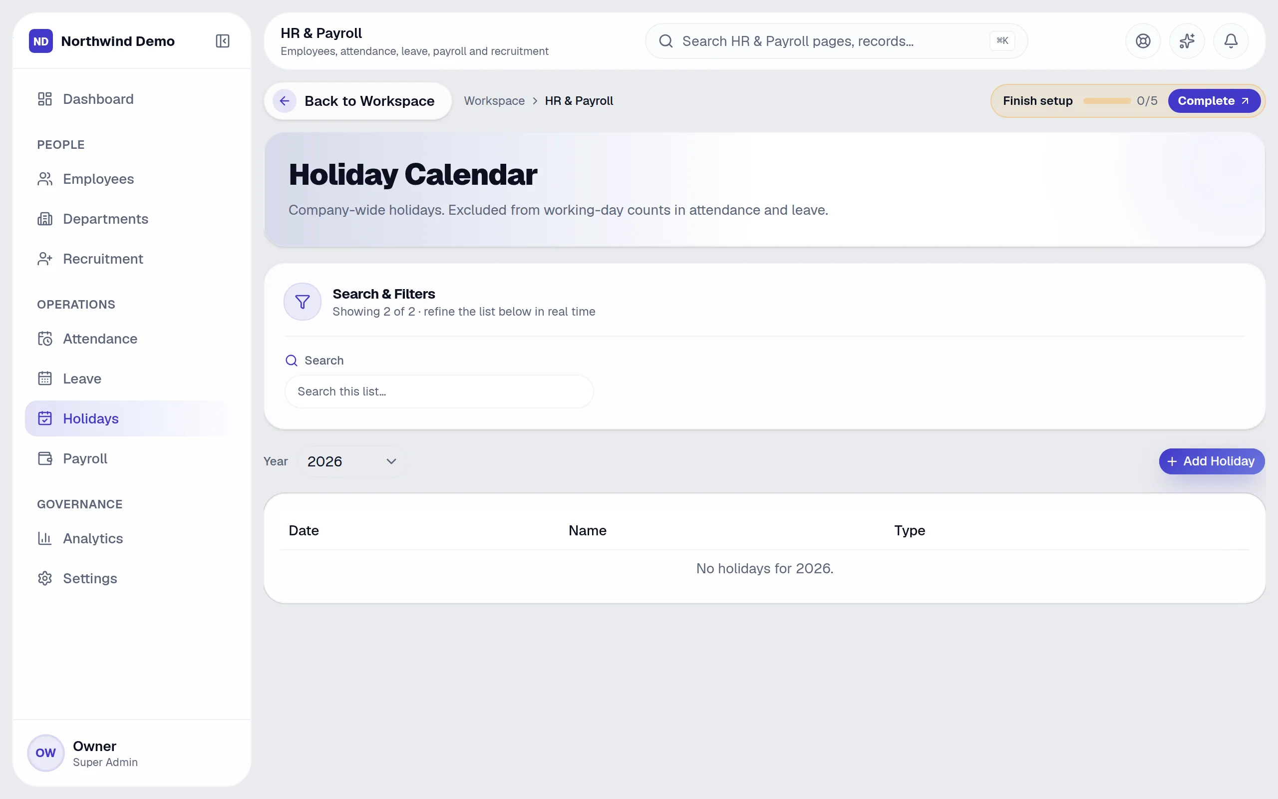 HR & Payroll — Holidays: the real screen