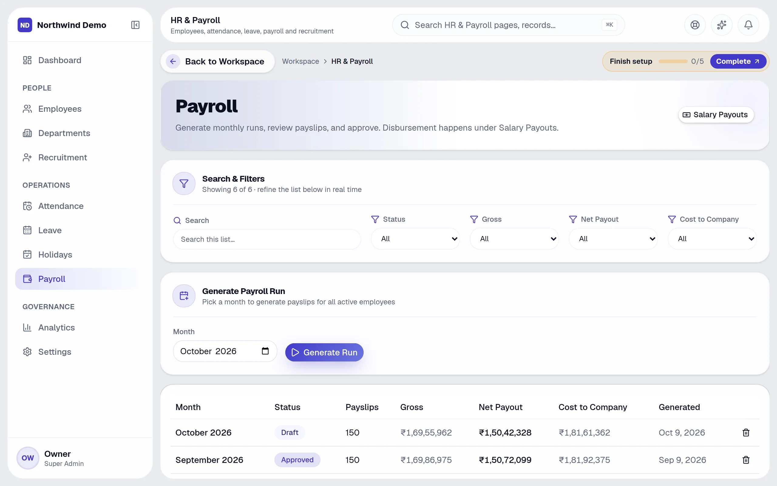 HR & Payroll — Payslips: the real screen