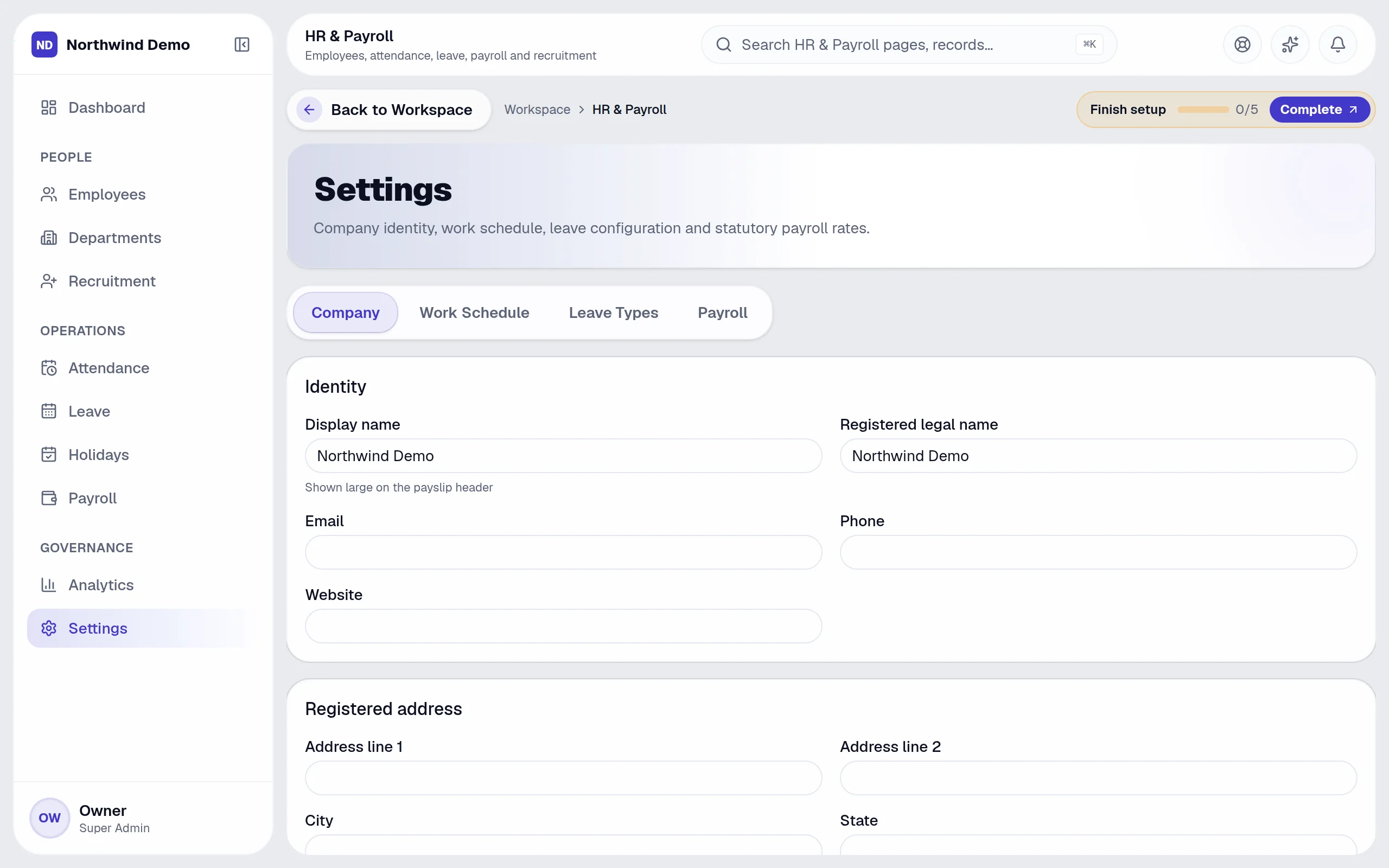 HR & Payroll — Settings: the real screen