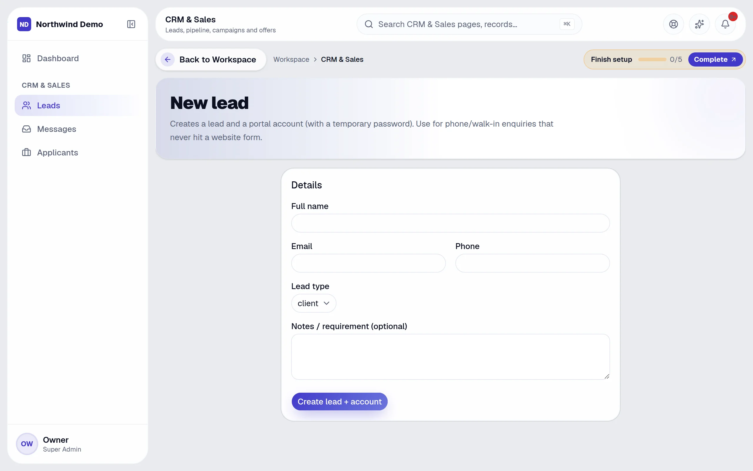 CRM & Sales — New lead: the real screen