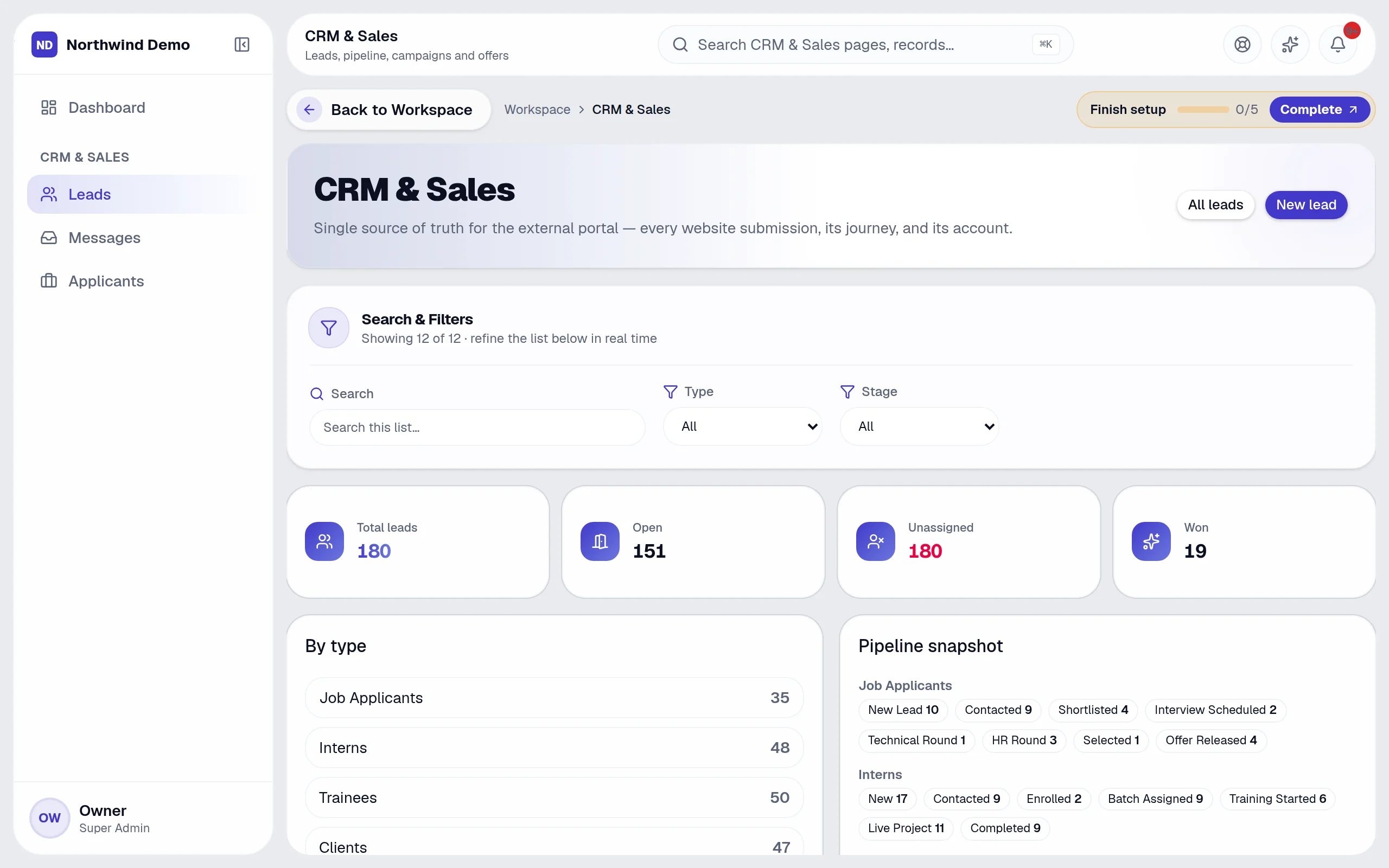 CRM & Sales — CSV import: the real screen