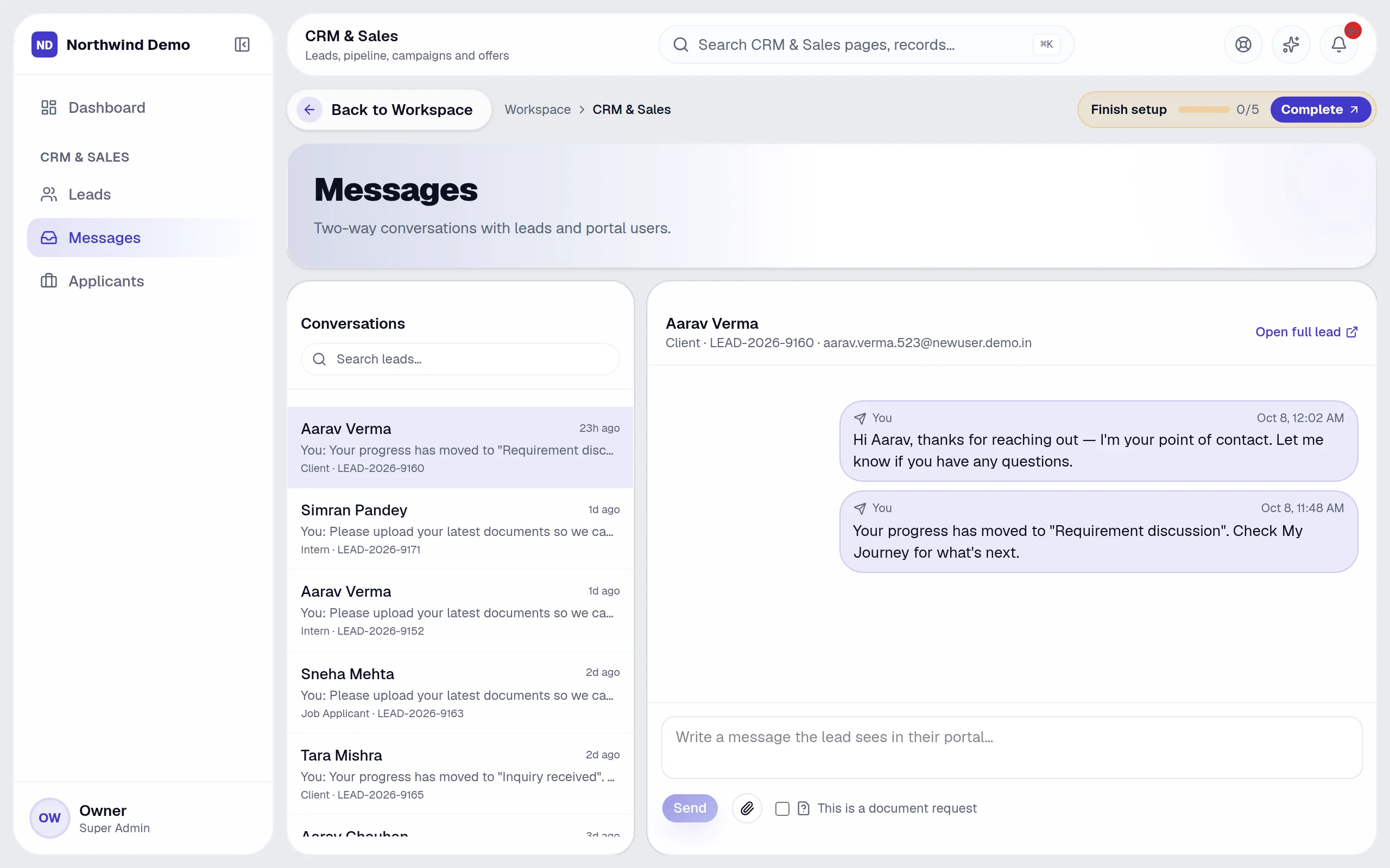 CRM & Sales — Messages: the real screen
