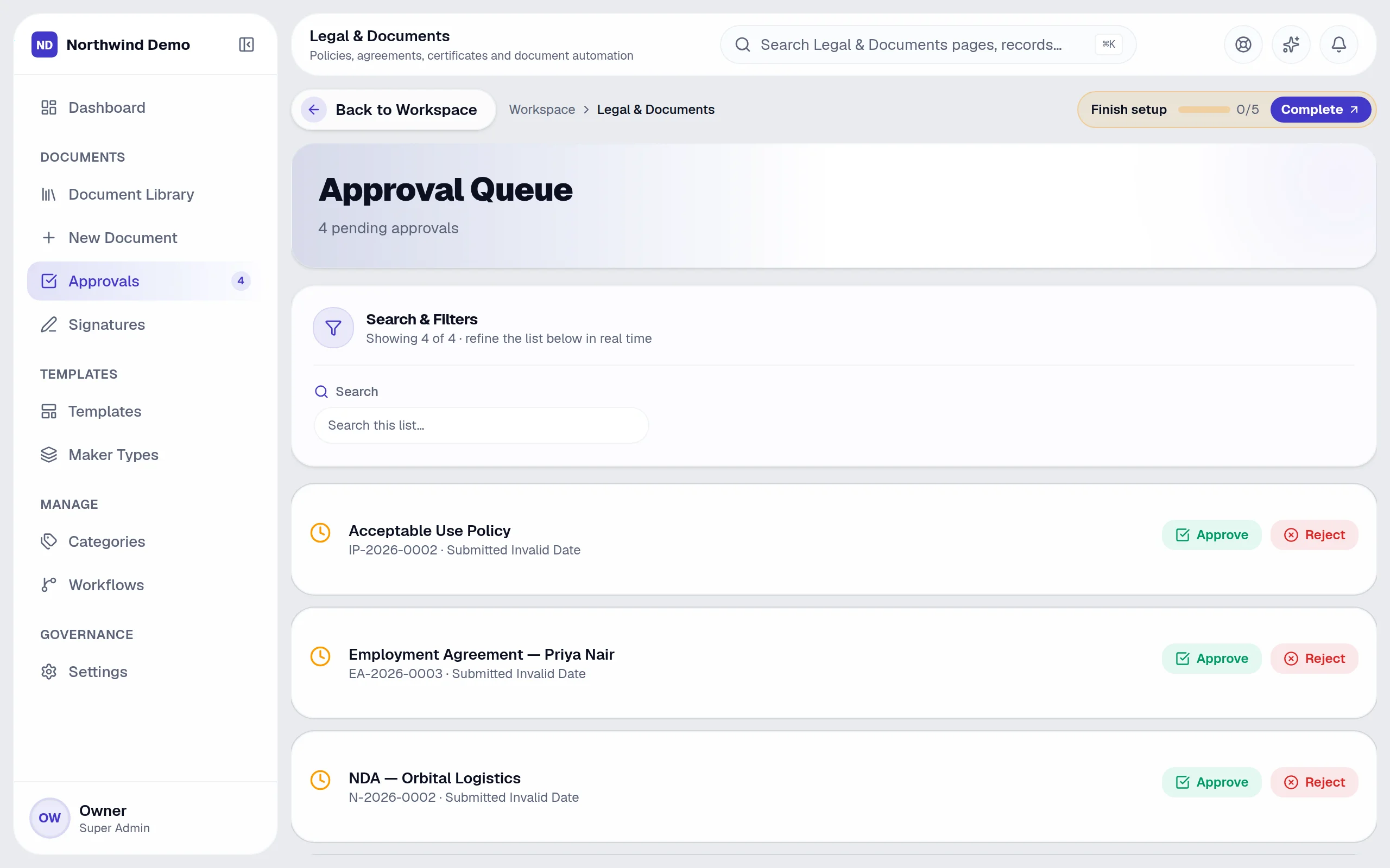 Legal & Documents — Approvals: the real screen