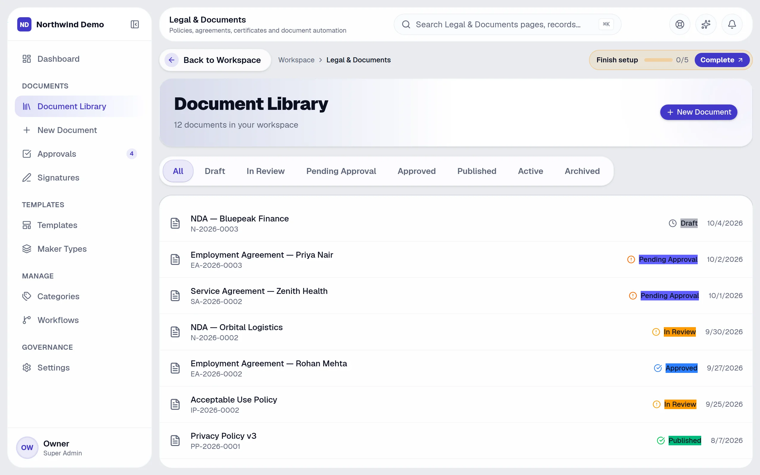 Legal & Documents — Document library: the real screen
