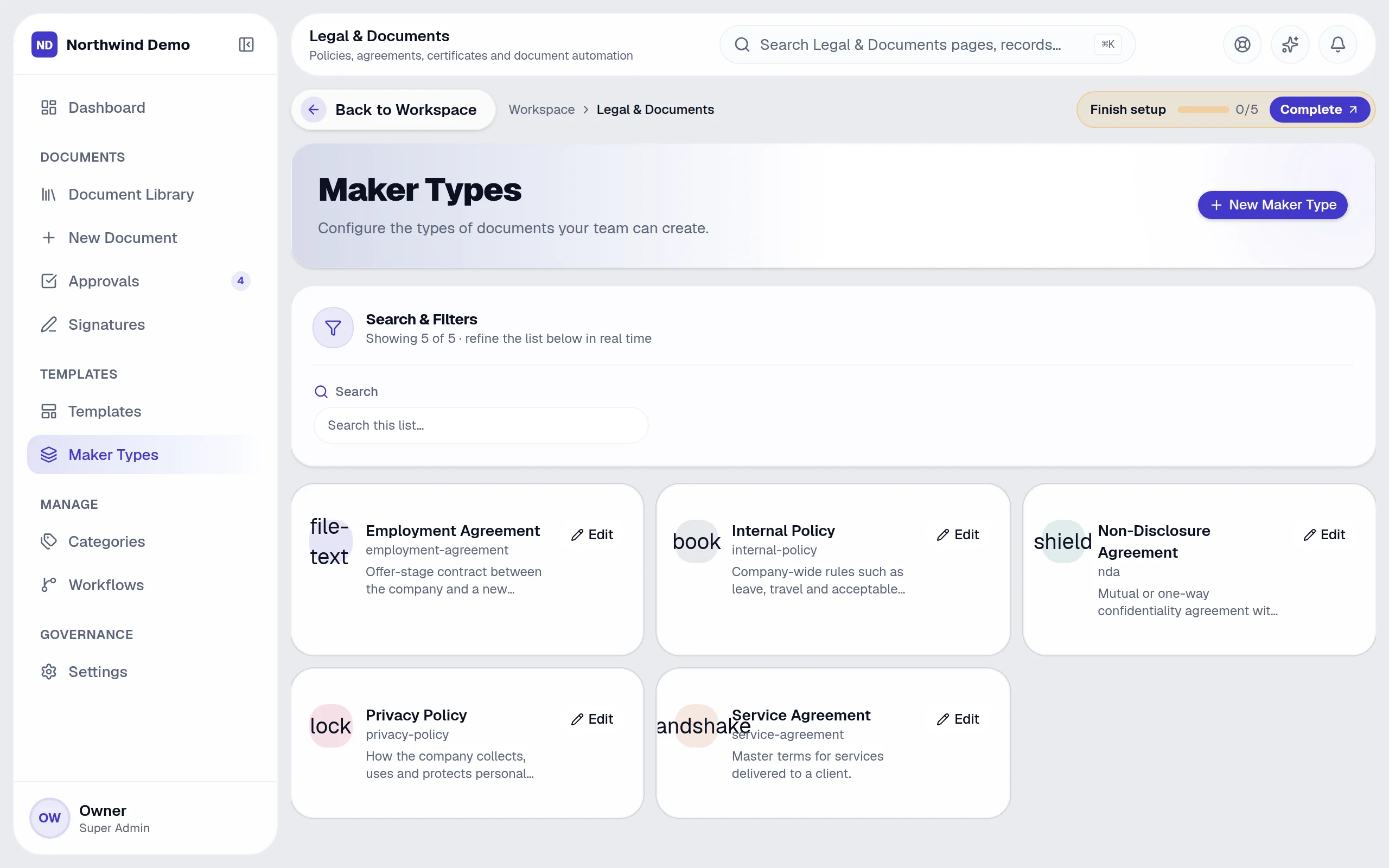 Legal & Documents — Maker types: the real screen