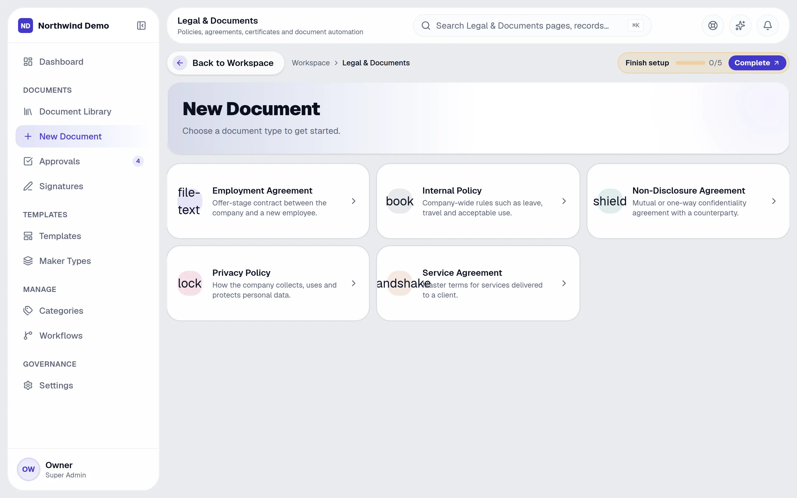 Legal & Documents — New document: the real screen