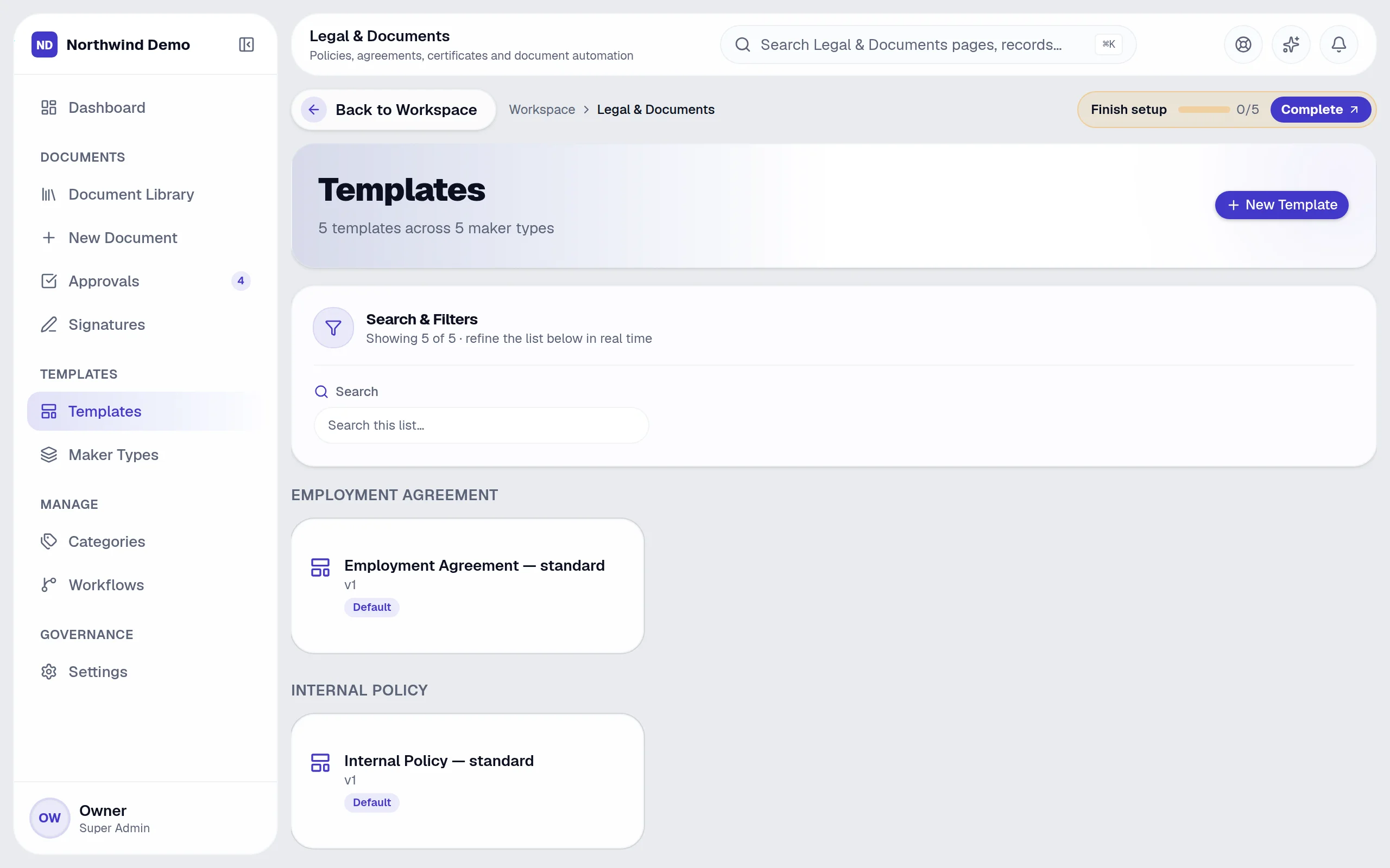 Legal & Documents — Templates: the real screen