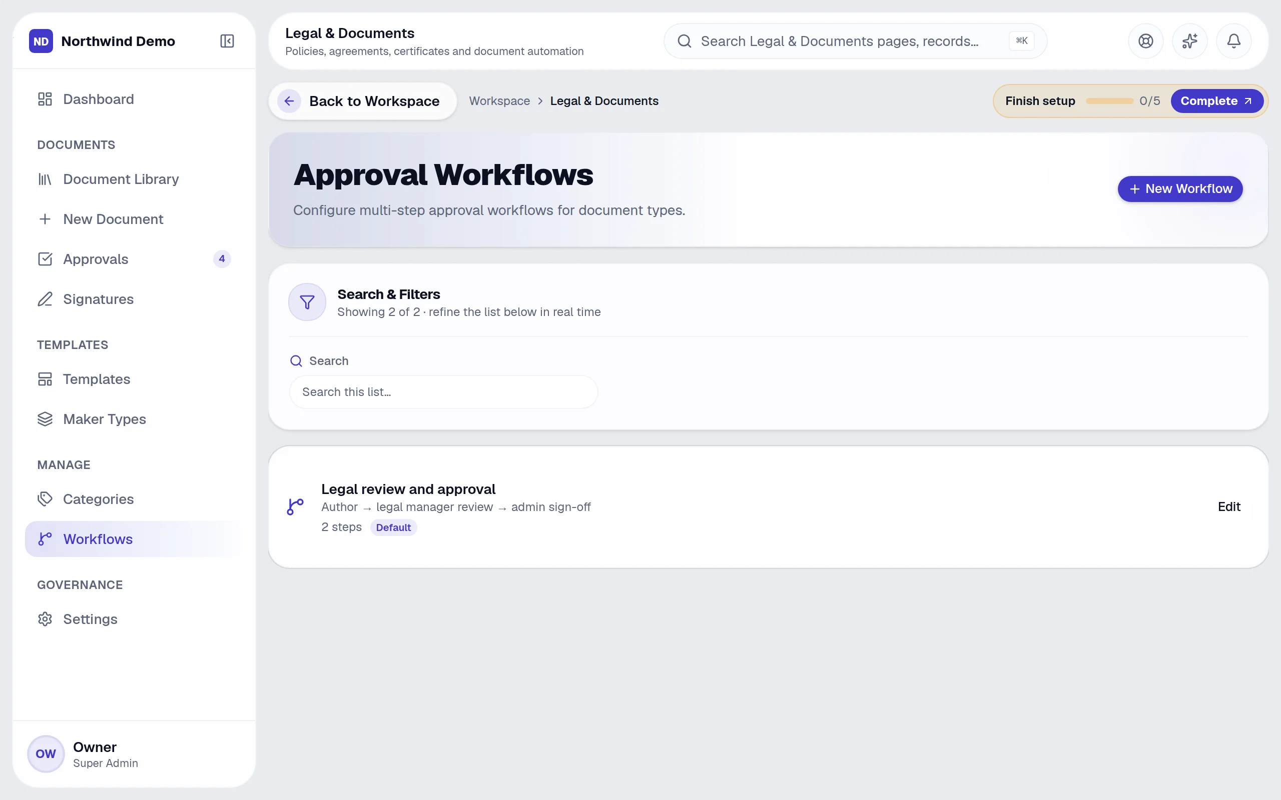 Legal & Documents — Workflows: the real screen