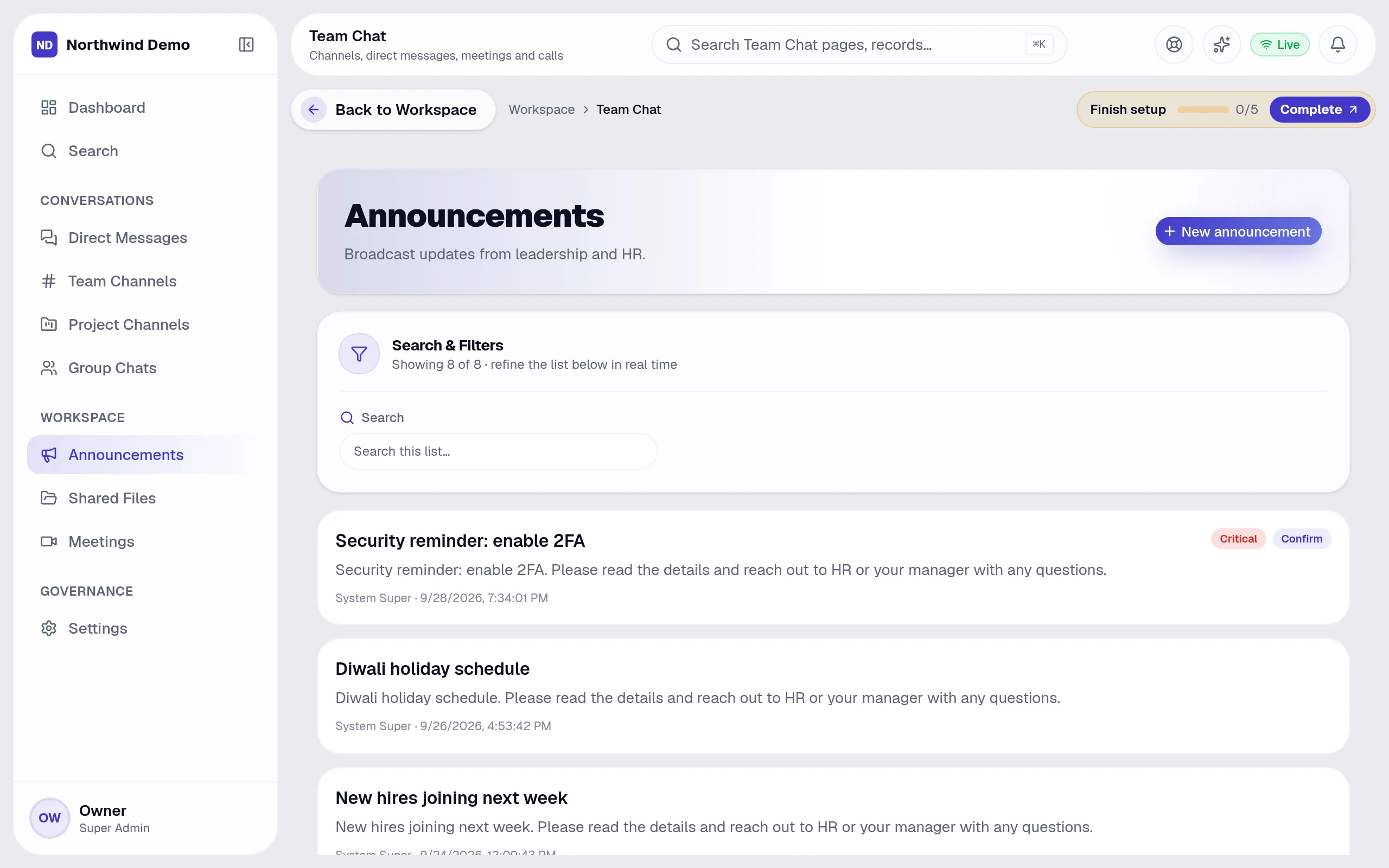Team Chat — Announcements: the real screen