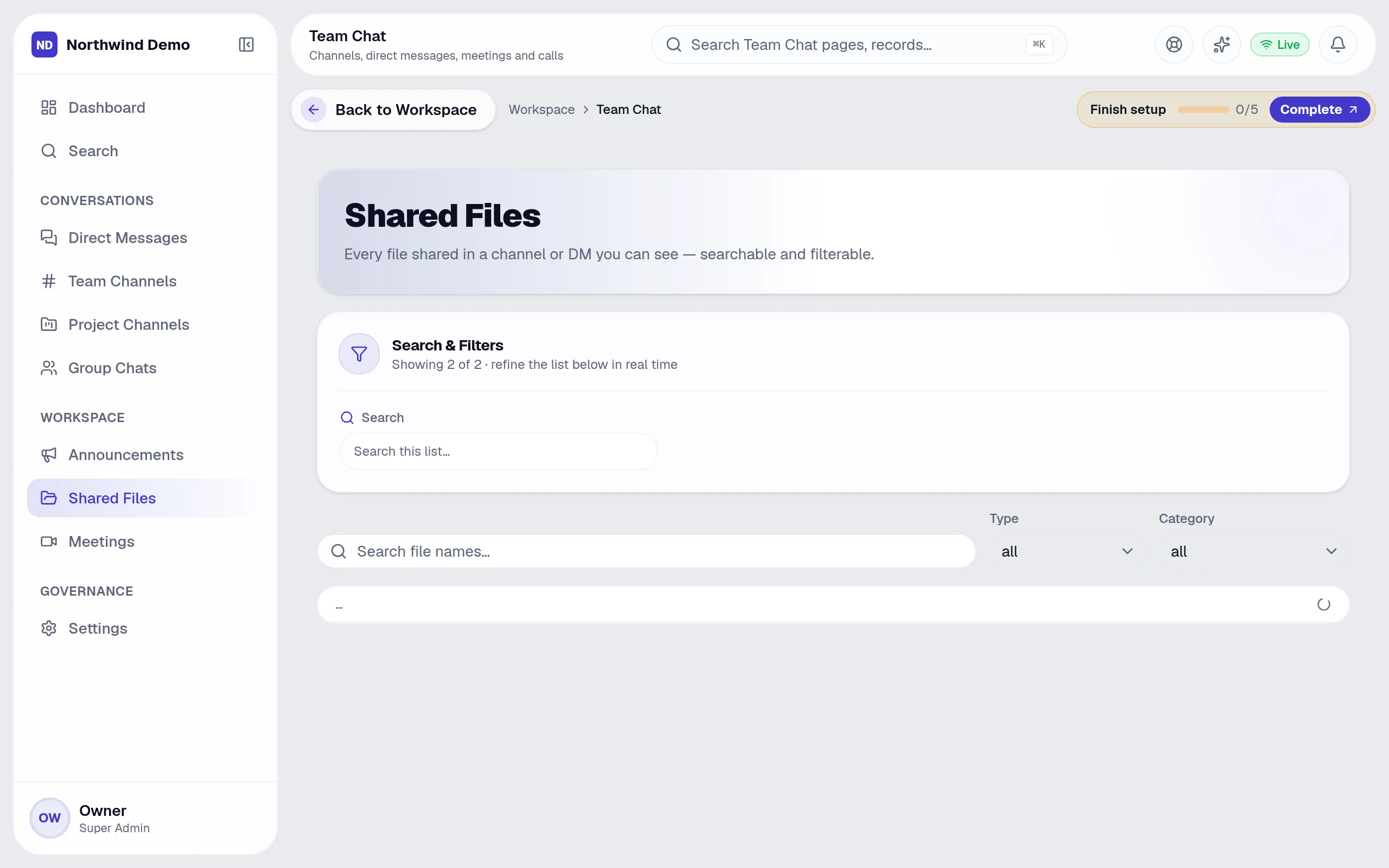 Team Chat — Shared files: the real screen