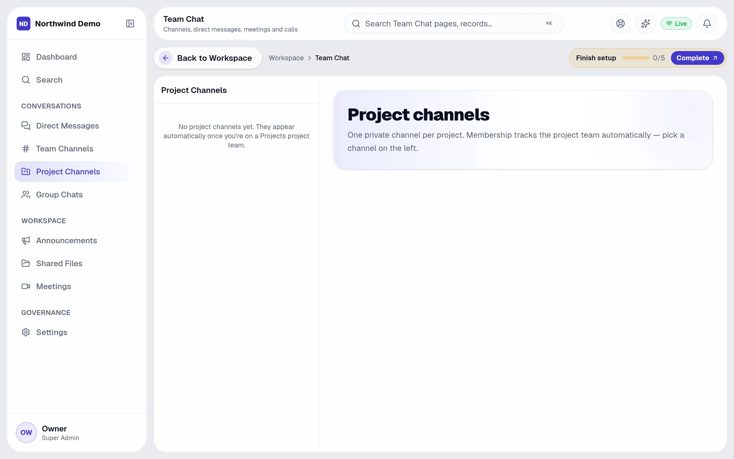 Team Chat — Project channels: the real screen