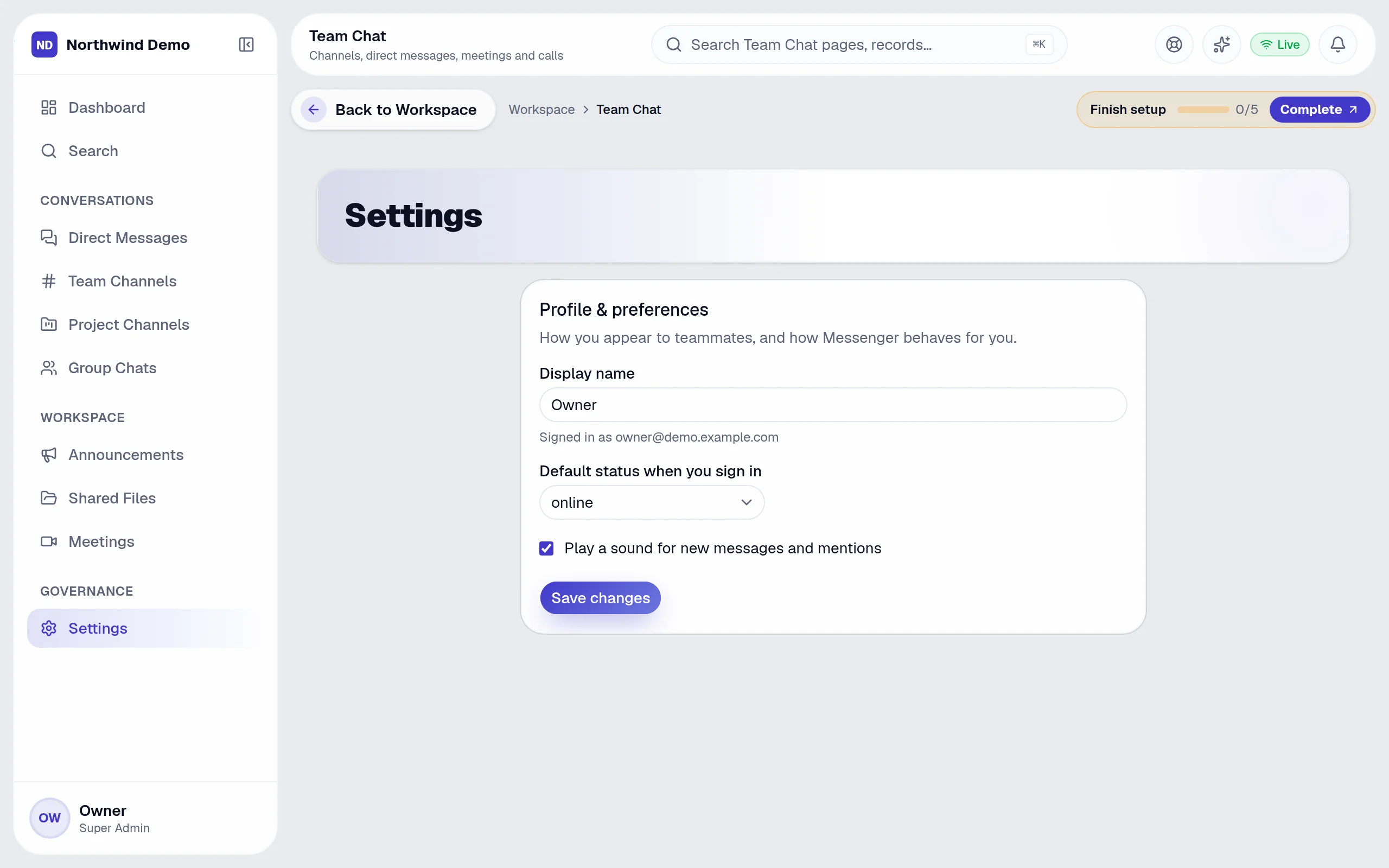 Team Chat — Settings: the real screen