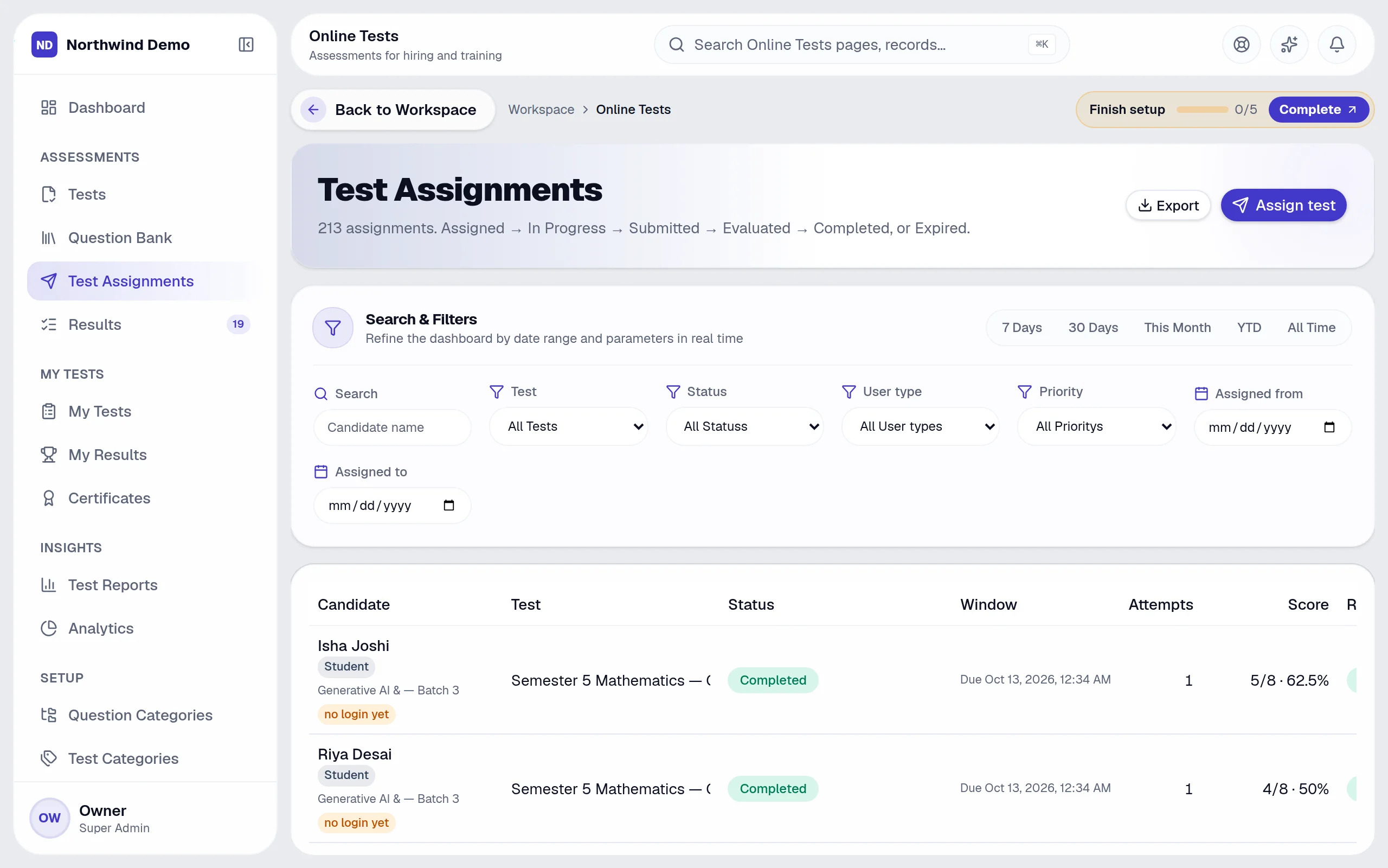 Online Tests — Test assignments: the real screen