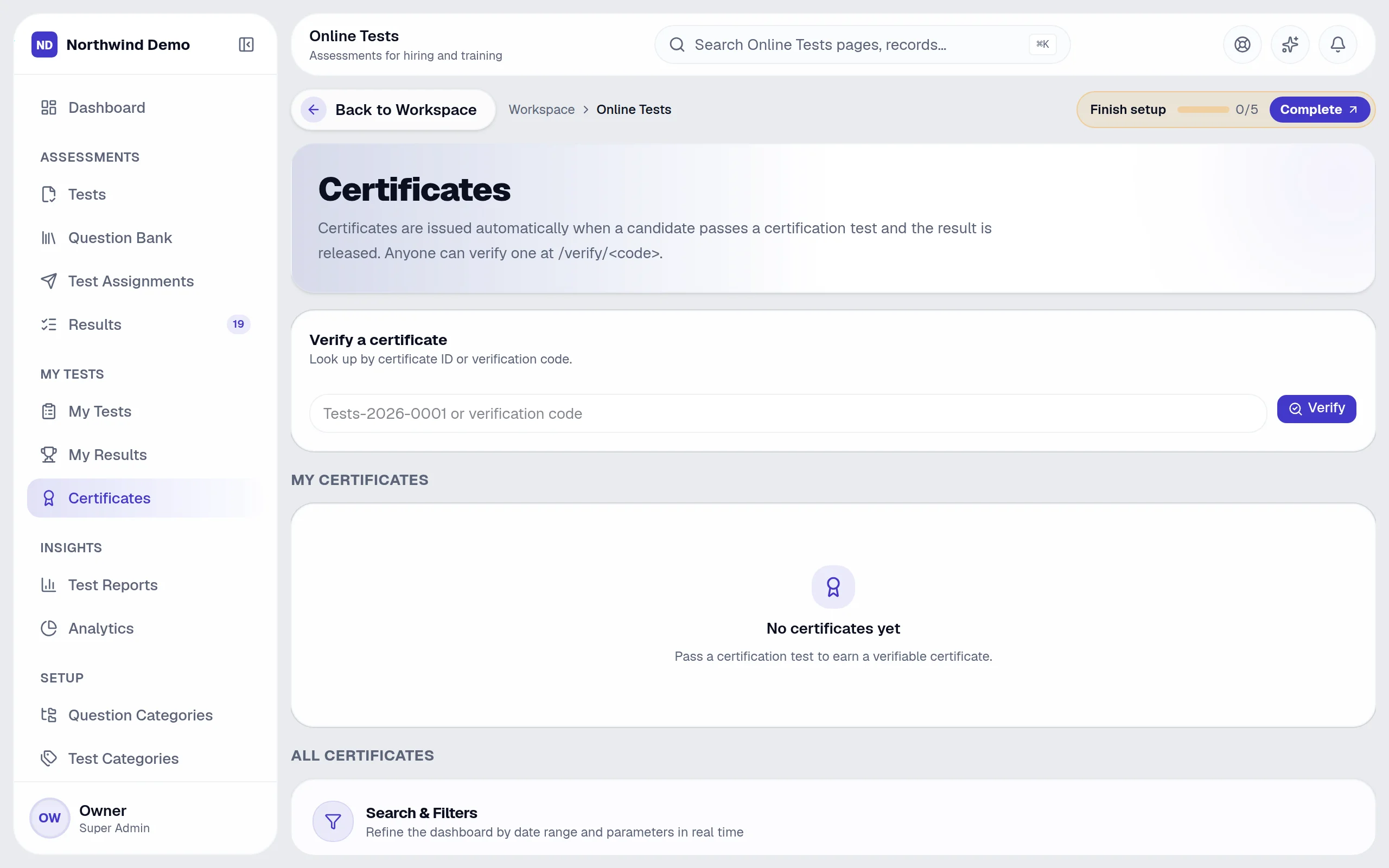 Online Tests — Certificates: the real screen