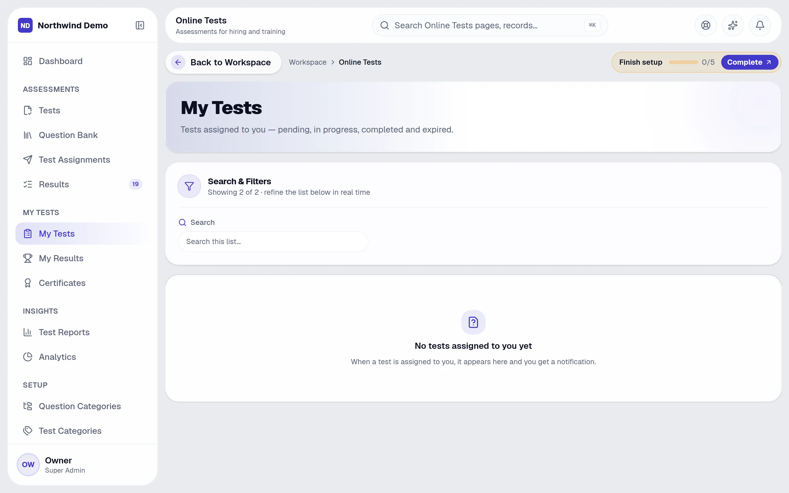 Online Tests — My tests: the real screen