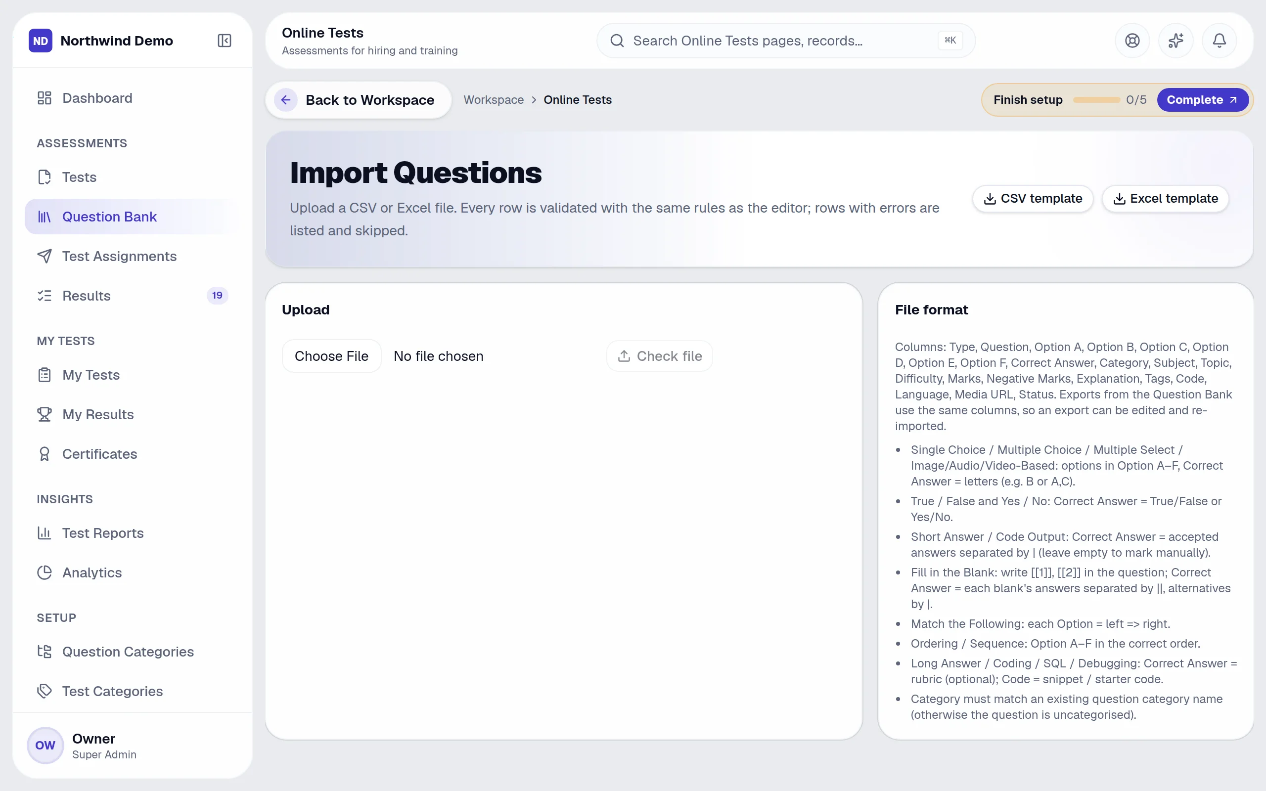 Online Tests — Question import: the real screen
