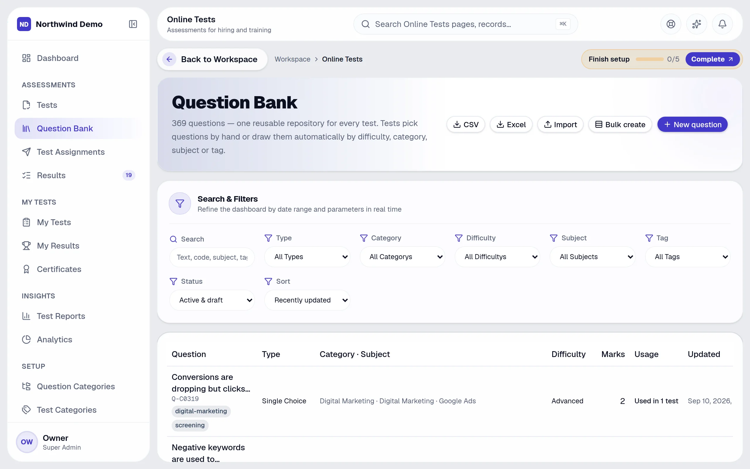 Online Tests — Question bank: the real screen