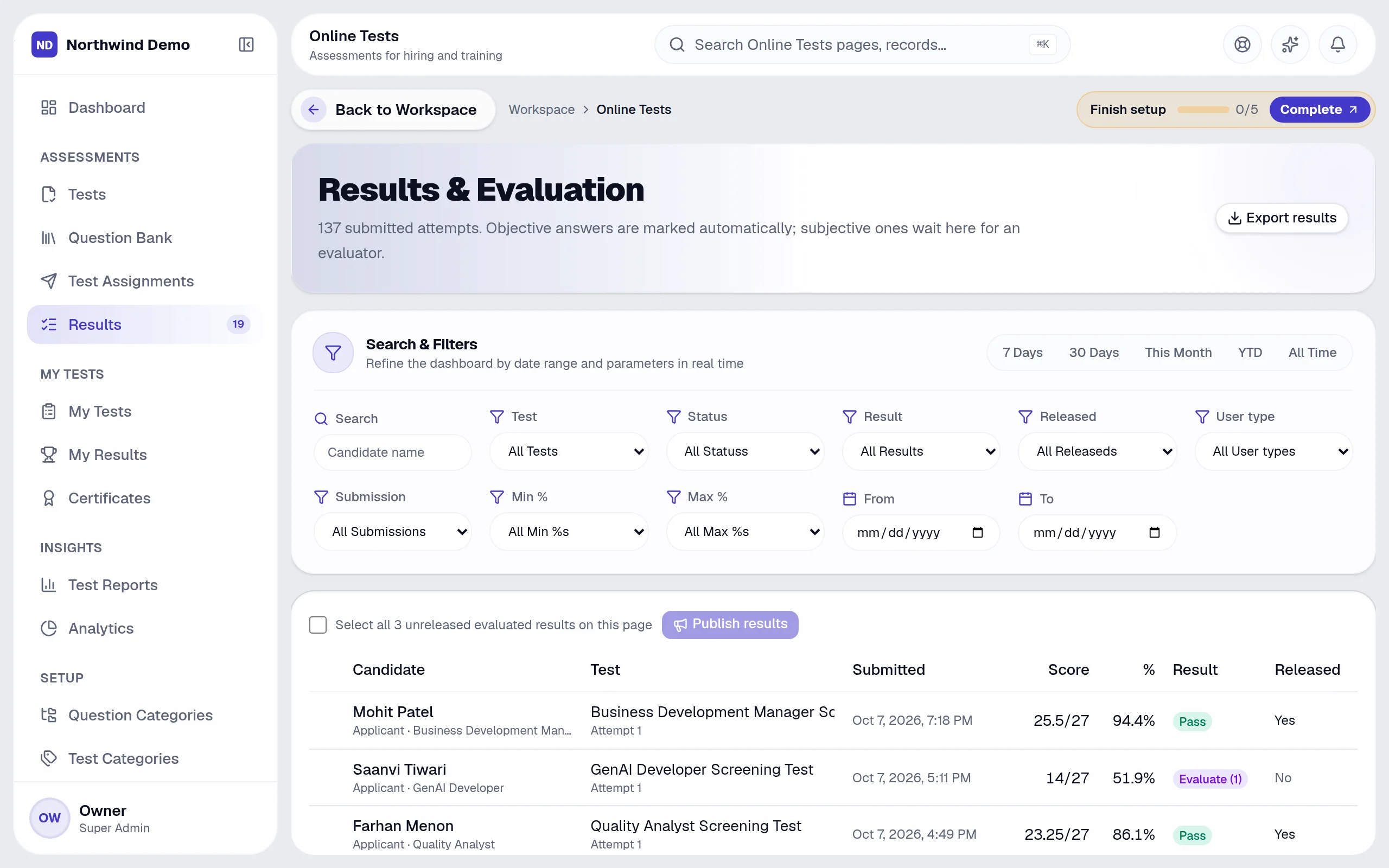 Online Tests — Results: the real screen