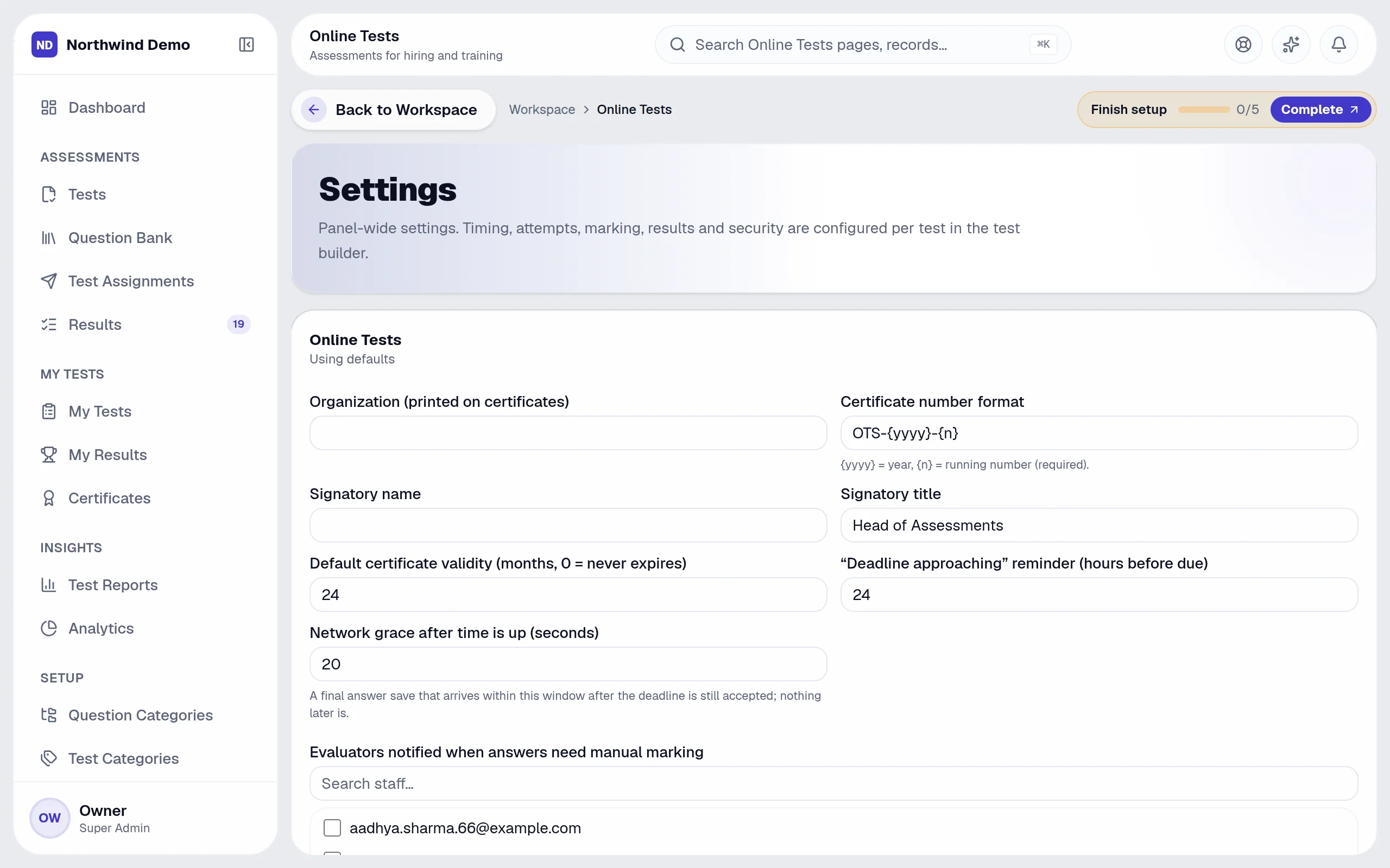 Online Tests — Settings & activity log: the real screen